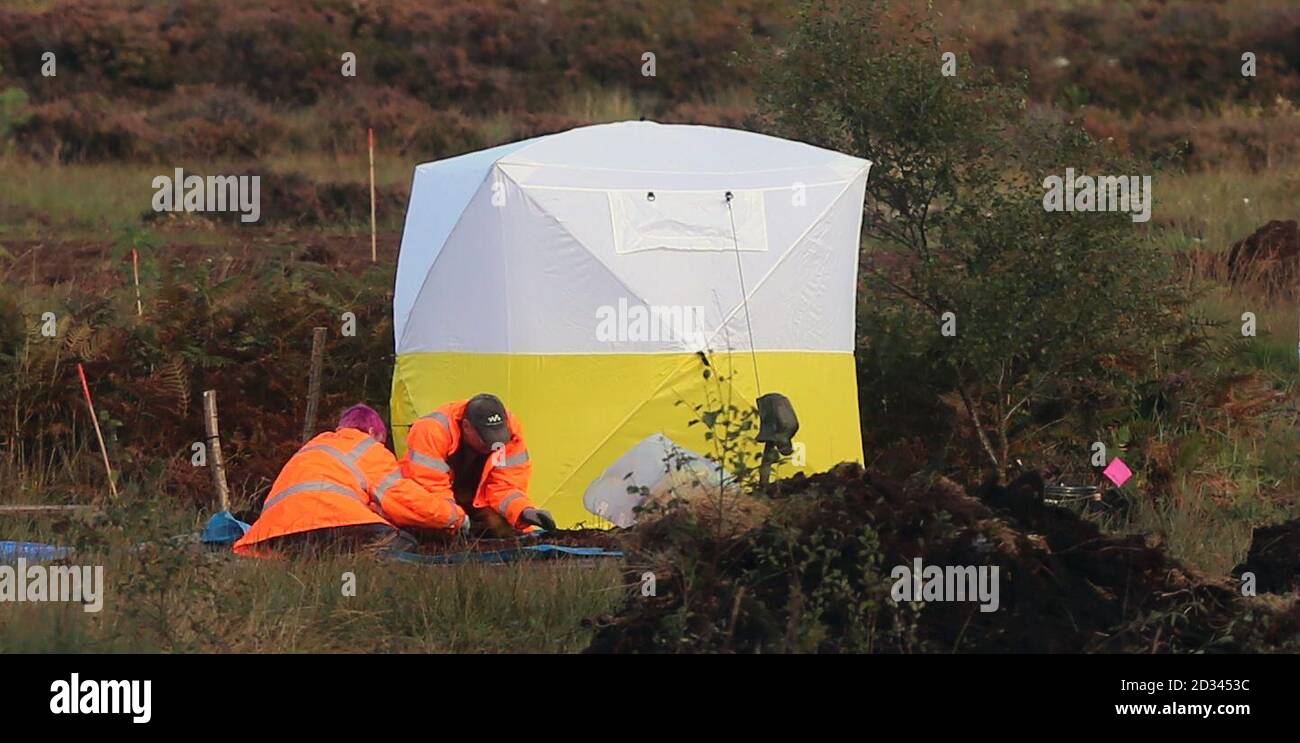 La scena dove un corpo è stato trovato nella ricerca Brendan Megraw a Oristown Bog, vicino a Kells, Co Meath. Foto Stock