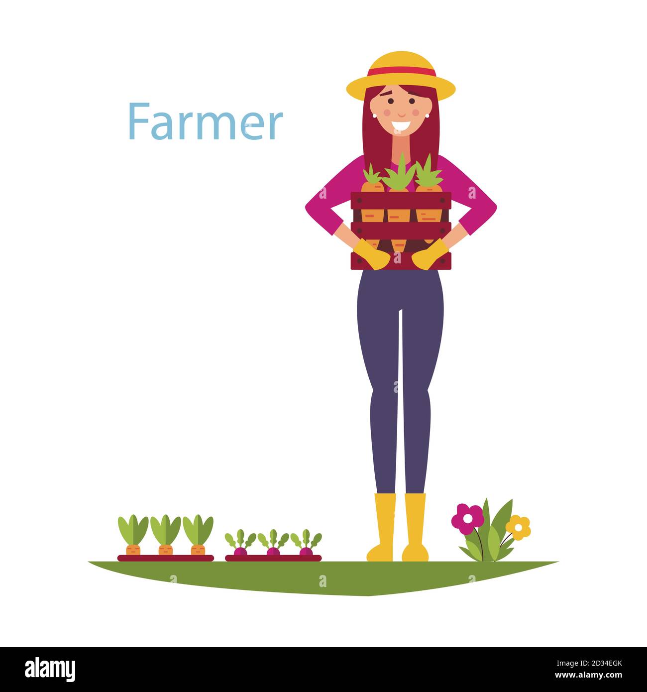 Un agricoltore in piedi, tenendo una scatola di legno piena di carote, un agricoltore che raccoglie ortaggi vettore illustrazione isolato su sfondo bianco Illustrazione Vettoriale