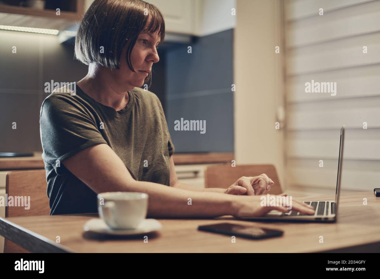 Freelance femminile che lavora da casa su un computer portatile in piccolo interni per ufficio di casa di lavoro di notte Foto Stock