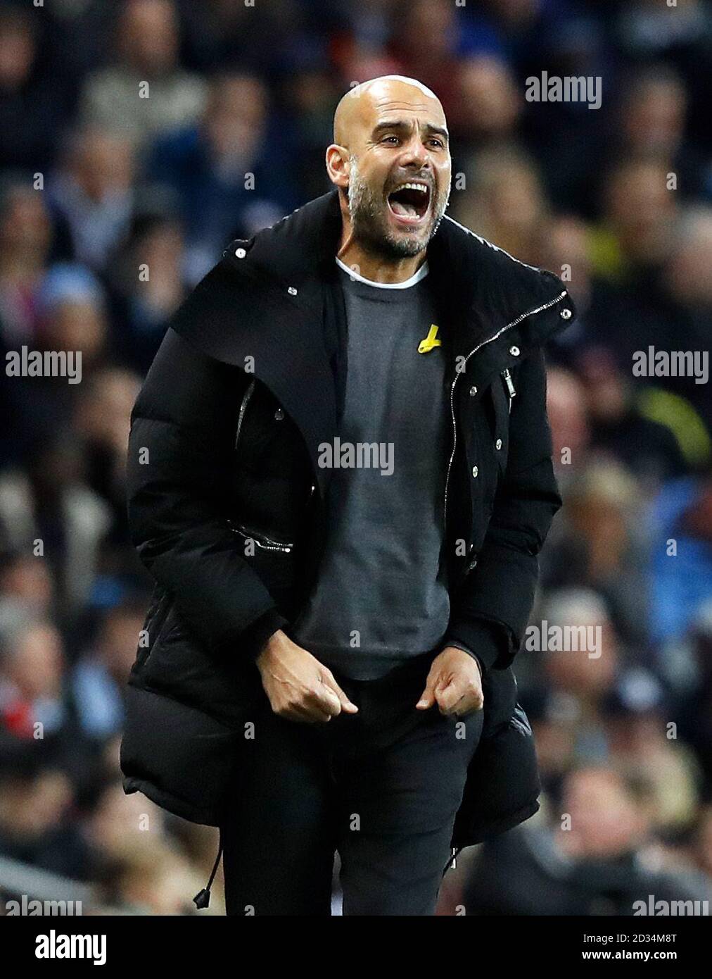 Il manager della città di Manchester Pep Guardiola gioca sulla linea di contatto durante la UEFA Champions League, partita del gruppo F all'Etihad Stadium, Manchester. Foto Stock