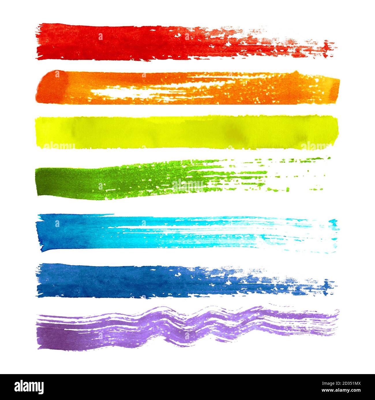 Set di pennellate colorate ad acquerello isolate su sfondo bianco. Sfondo arcobaleno Foto Stock