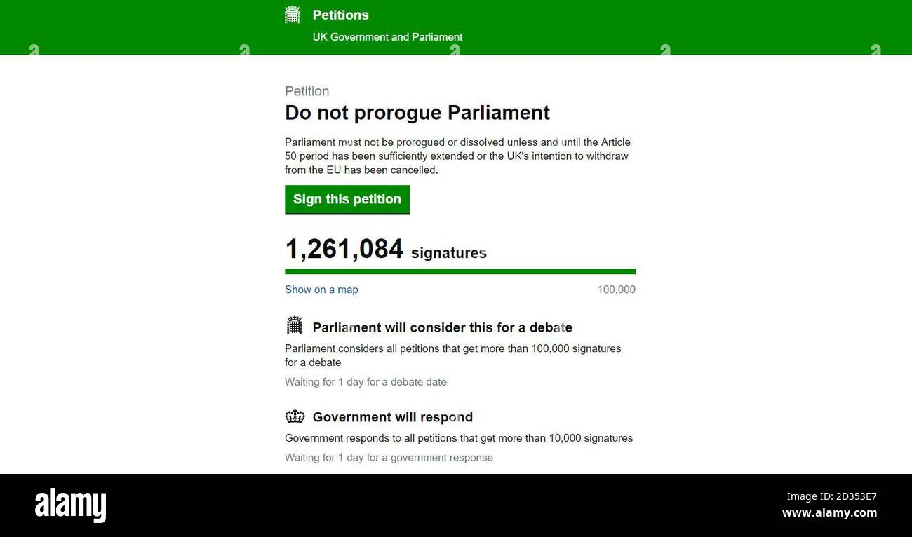 Schermata tratta dal sito web delle petizioni del governo e del Parlamento del Regno Unito di una petizione intitolata 'non prorogue Parliament? Che ha 1.2 milioni di firme che chiedono al primo ministro Boris Johnson di non sospendere il Parlamento. Foto Stock