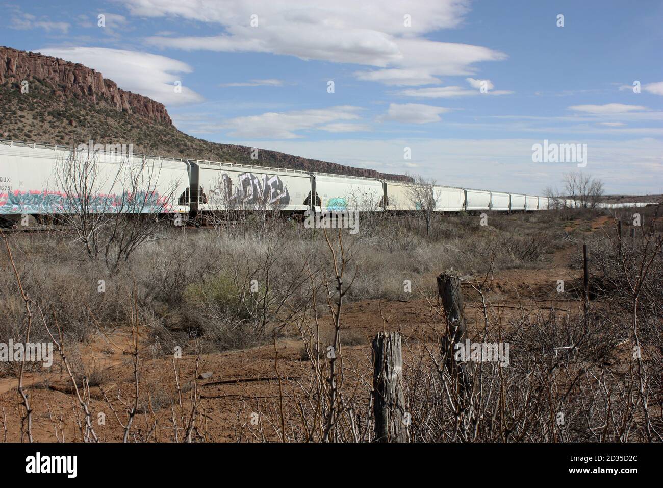 Graffitied vagoni ferroviari del treno di amore allineati in su l'orizzonte contro la roccia rossa butte sotto il cielo blu chiaro Foto Stock