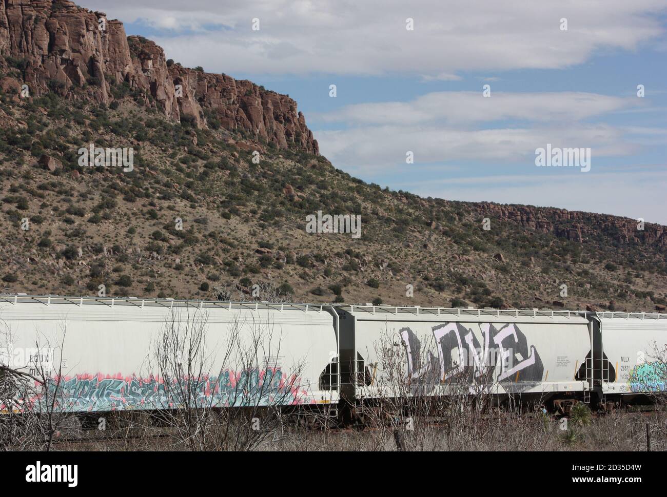 Graffitied vagoni ferroviari del treno di amore allineati in su l'orizzonte contro la roccia rossa butte sotto il cielo blu chiaro Foto Stock