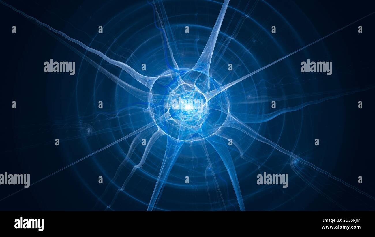 Neurone luminoso blu con assoni, sfondo astratto generato dal computer, rendering 3D Foto Stock