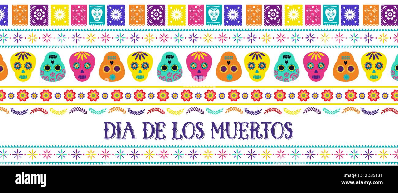 Giorno dei morti, dia de los muertos, banner con icone messicane tradizionali e colorate. Fiesta, poster delle vacanze, volantino delle feste, simpatico biglietto d'auguri Illustrazione Vettoriale