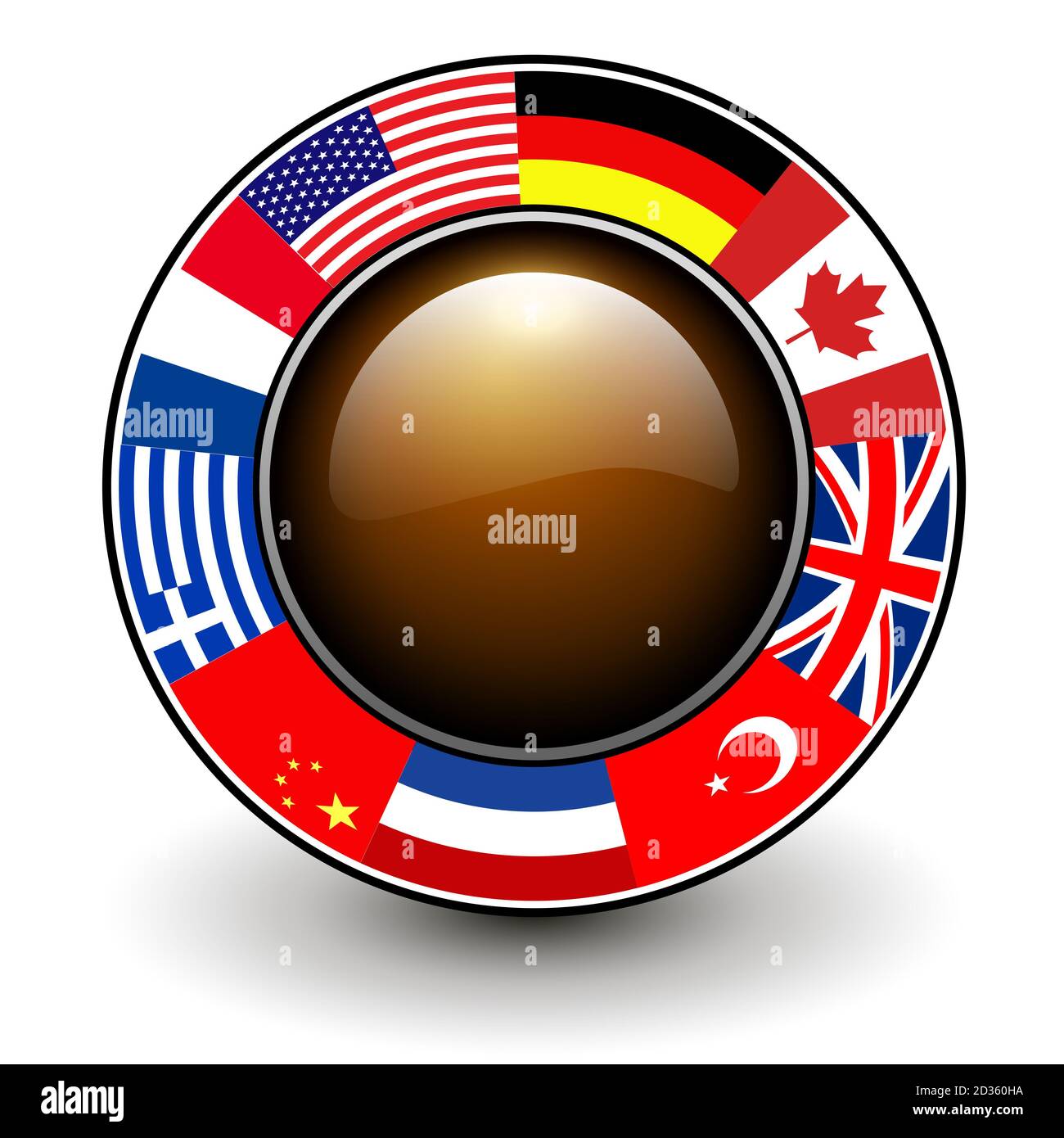 Pulsante con flag intorno, illustrazione vettoriale 3D. Foto Stock