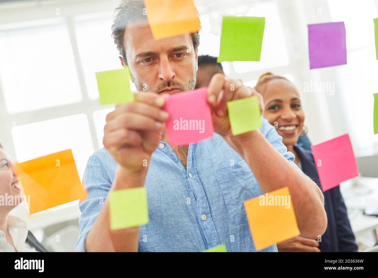 Uomini d'affari in laboratorio creativo di brainstorming con note appiccicose Foto Stock