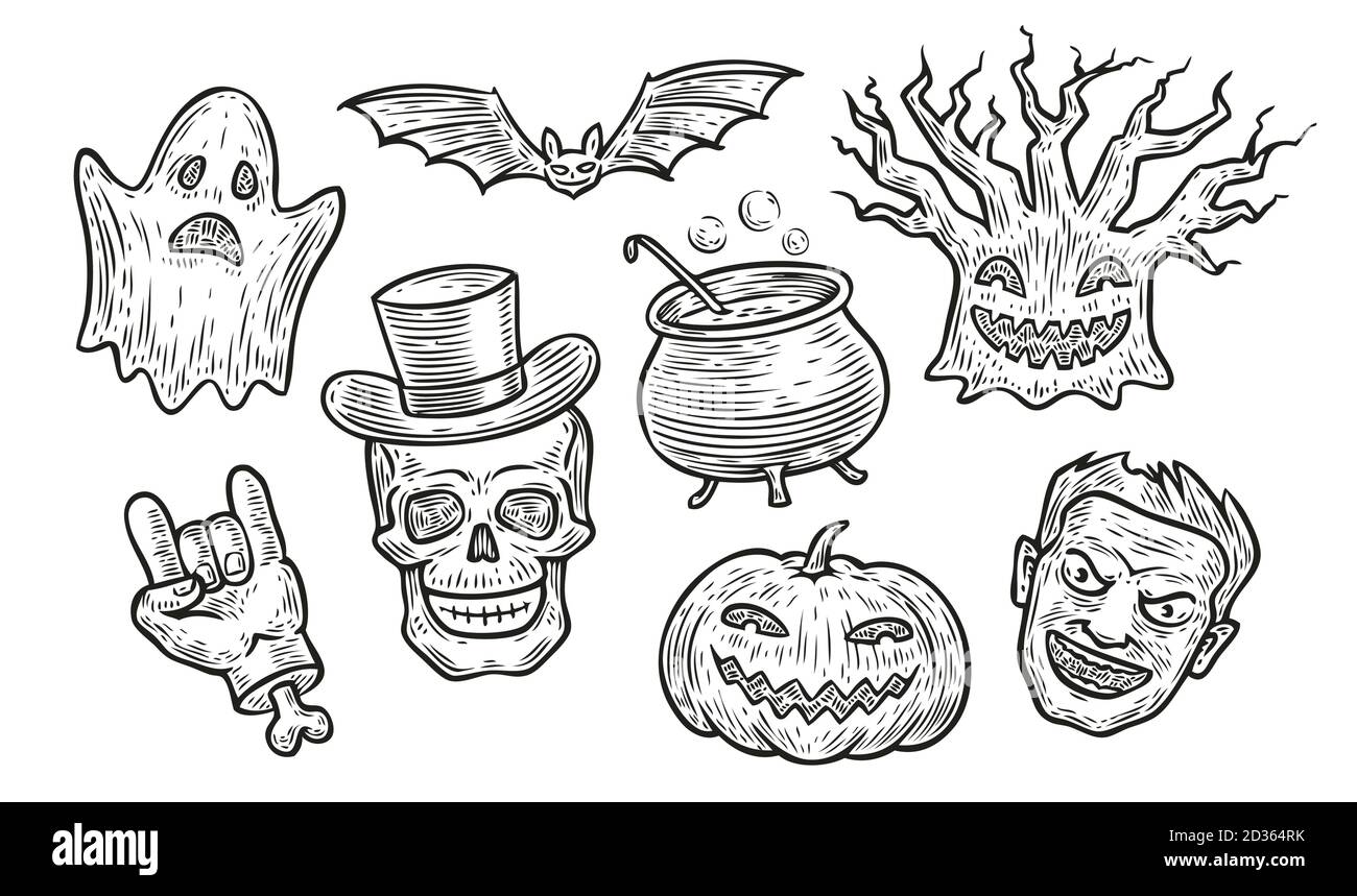 Set di simboli di Halloween. Illustrazione vettoriale vintage disegnata a mano Illustrazione Vettoriale