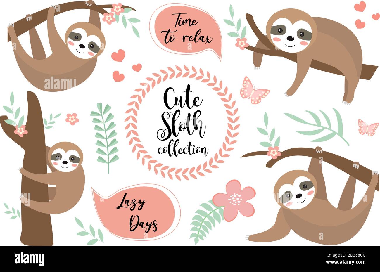 Carino set di caratteri sloth. Collezione di elementi di design con alberi, piante, fiori. Bambini baby clip art divertente sorridente animale foresta, adesivo. Vettore Illustrazione Vettoriale