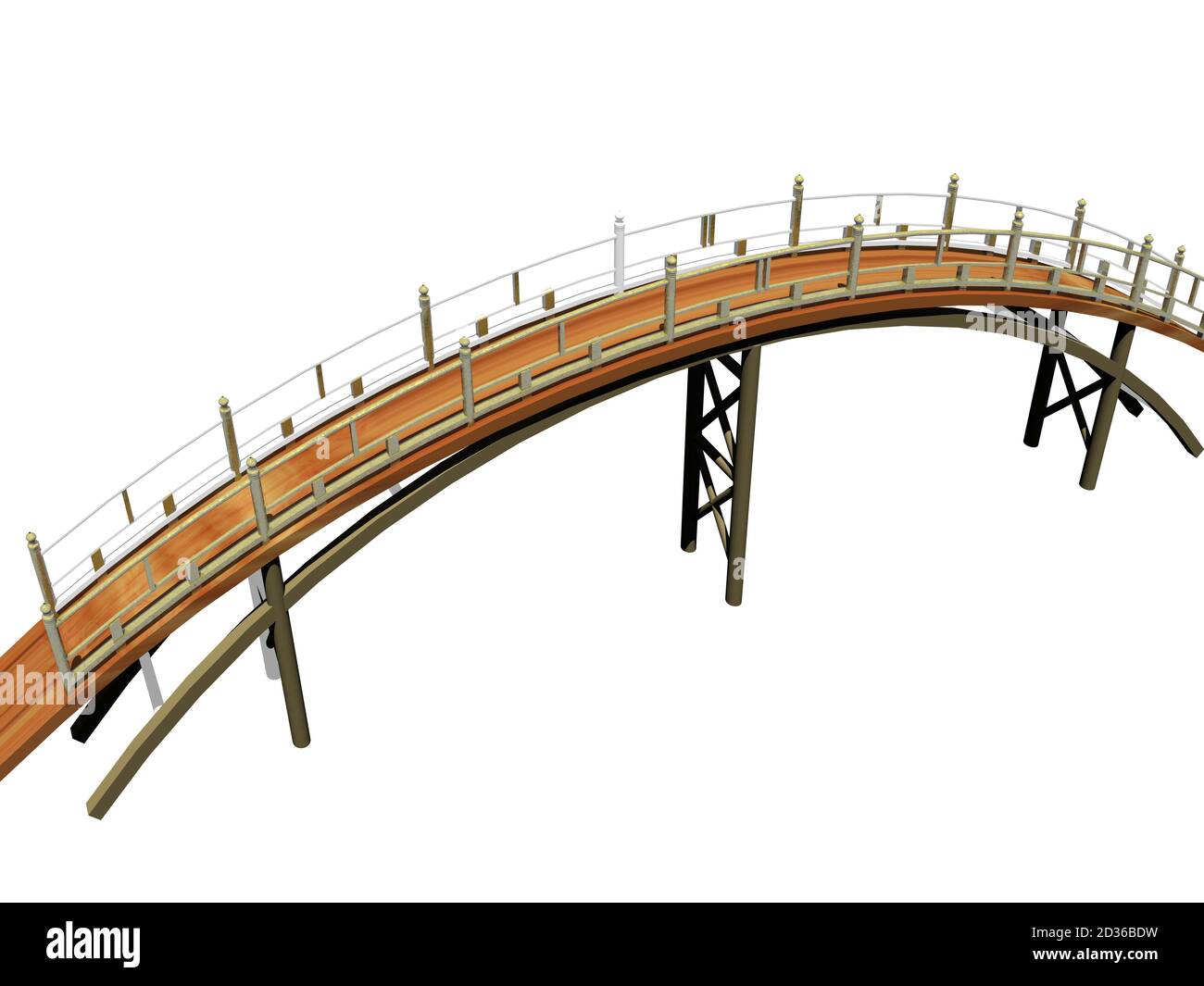 ponte a piedistallo curvo in legno sul fiume Foto Stock