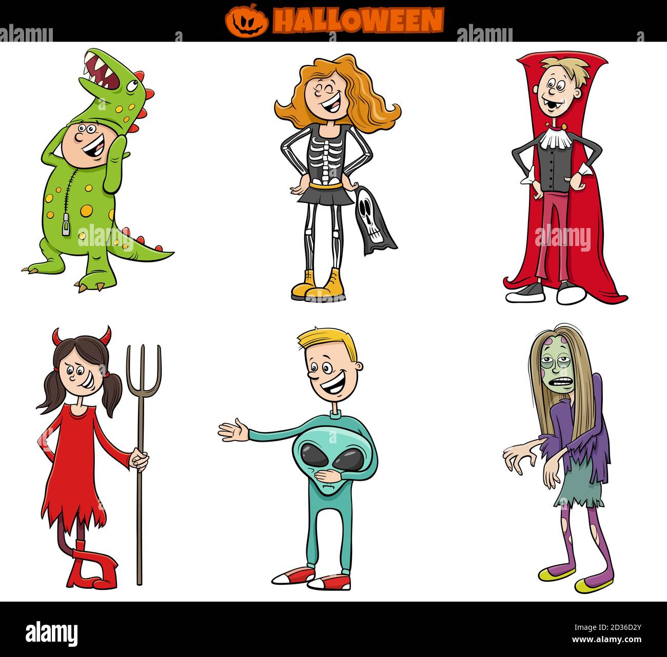Illustrazione di Cartoon dei bambini e degli adolescenti in costumi ad Halloween Set da festa o da ballo mascherato Illustrazione Vettoriale