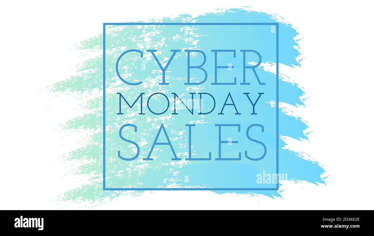 Illustrazione per promuovere il Cyber Monday. Tratti di pennello blu e verde chiaro e lettere maiuscole blu Foto Stock
