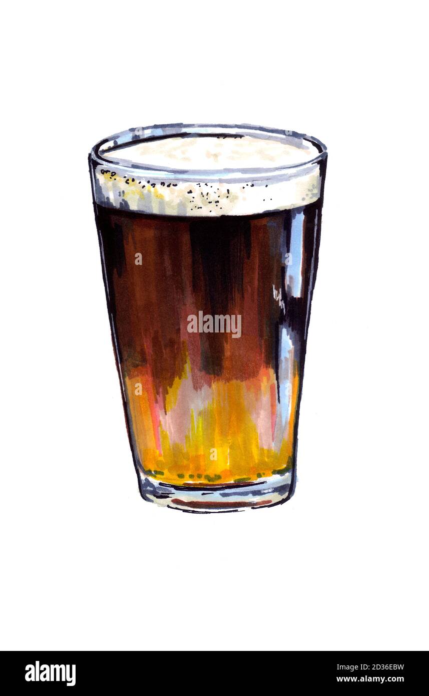Bicchieri con birra scura, disegno acquerello Foto Stock