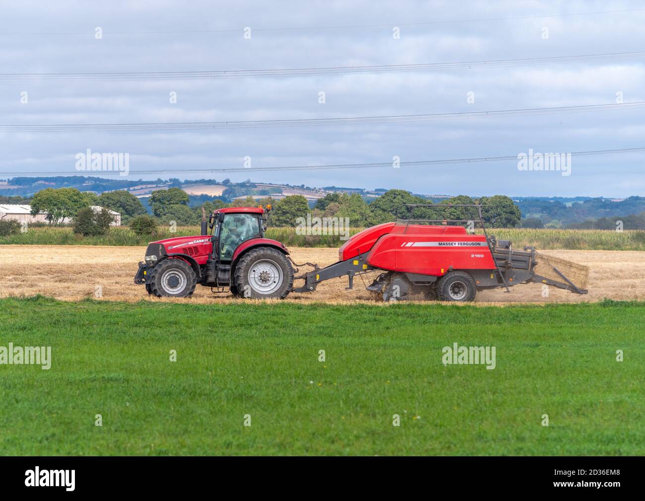 Inghilterra, Yorkshire, Beilby, 20/09/2020 - trattore Red Case che imballa il fieno con una pressa Massey Ferguson in un campo vicino alle linee elettriche Foto Stock