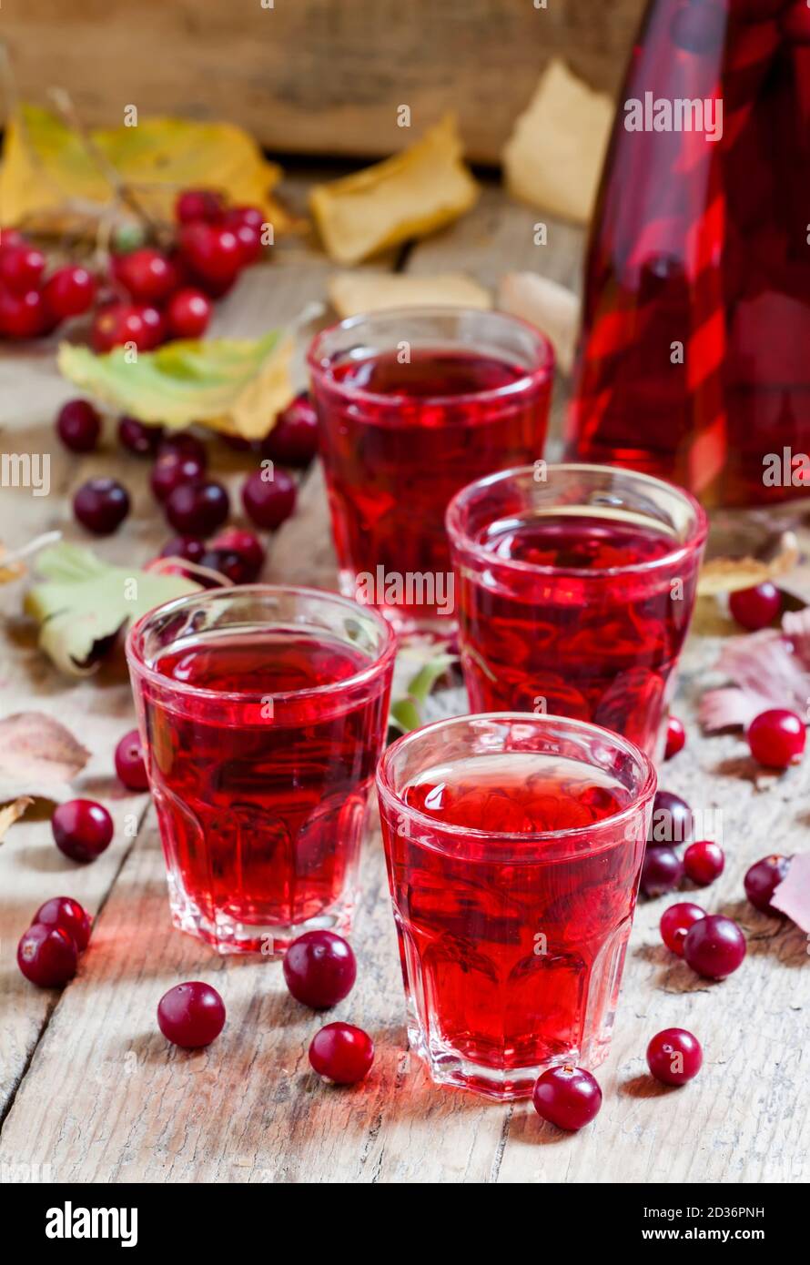 Cocktail di mirtilli rossi d'autunno sul vecchio sfondo di legno, fuoco selettivo Foto Stock