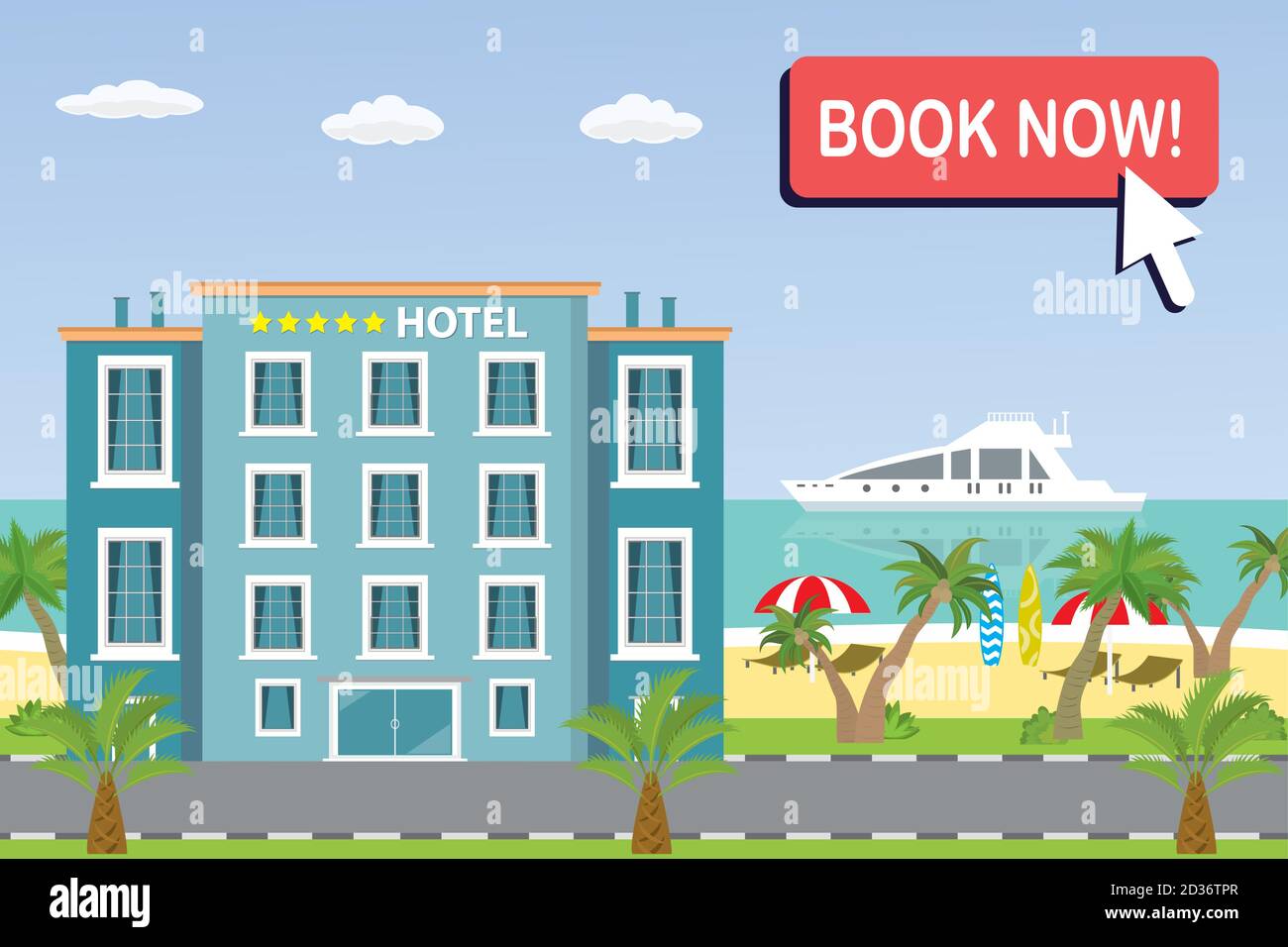 Edificio dell'hotel e spiaggia dell'oceano, spiaggia di sabbia con palme Illustrazione Vettoriale