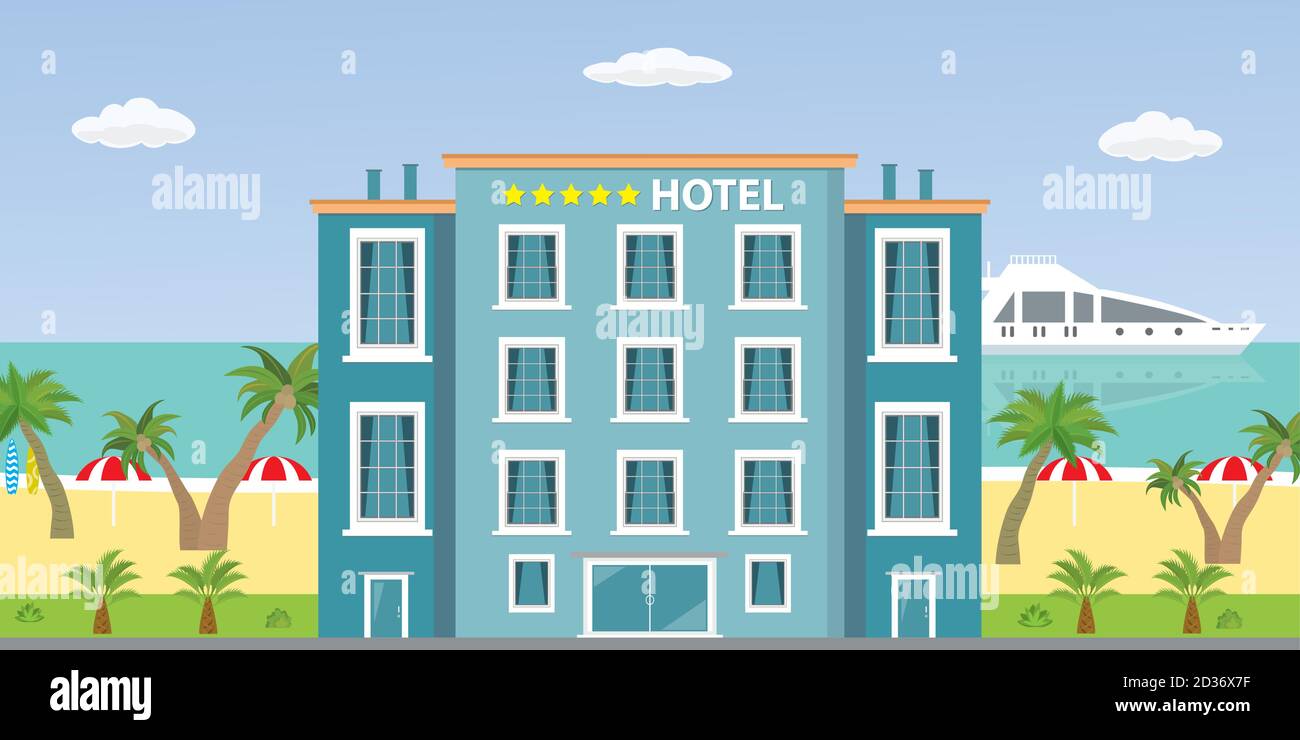 Edificio dell'hotel e spiaggia dell'oceano, spiaggia di sabbia con palme, Illustrazione Vettoriale