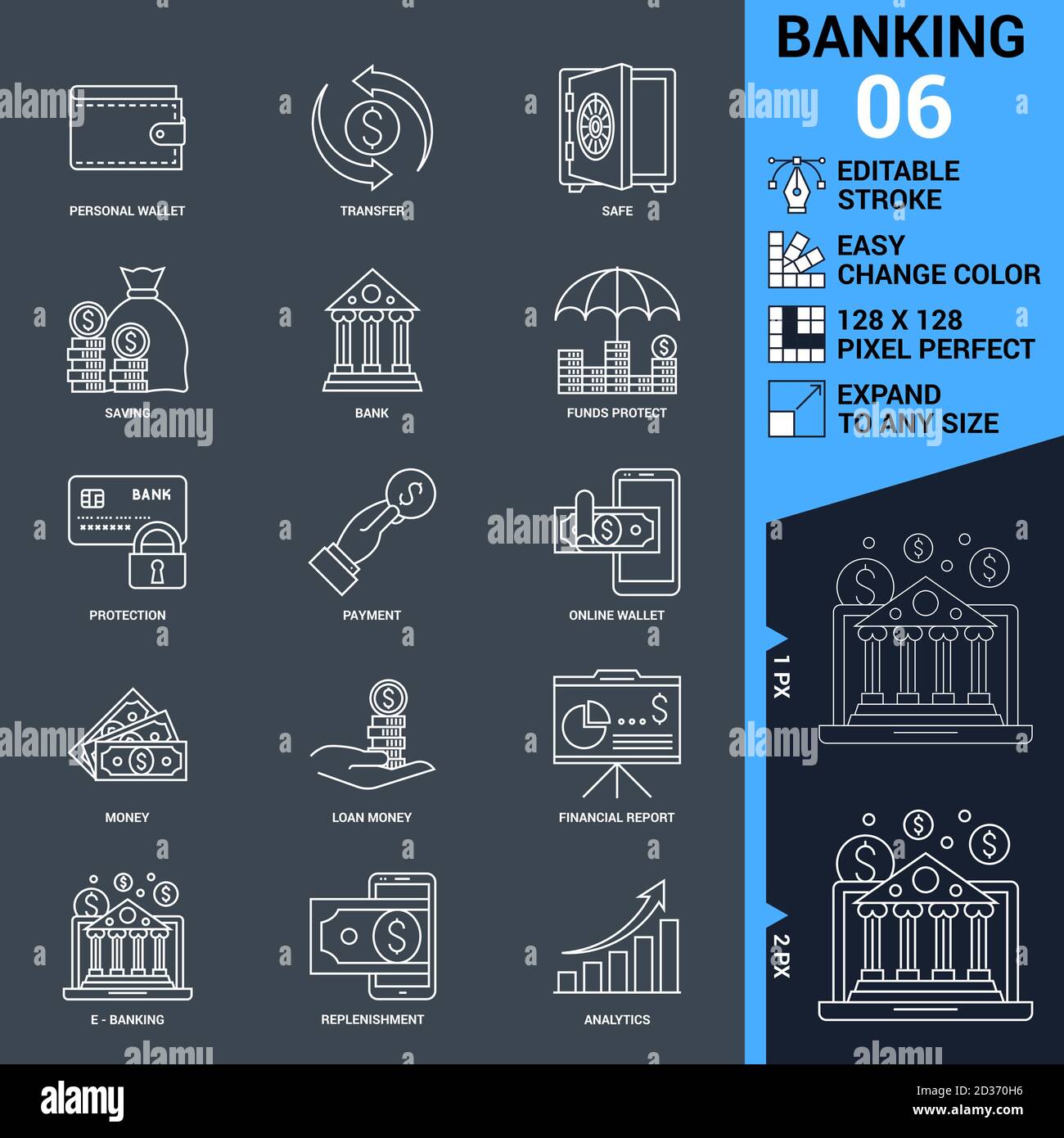 Set di icone bancarie. Illustrazione di un vettore a linea sottile Illustrazione Vettoriale