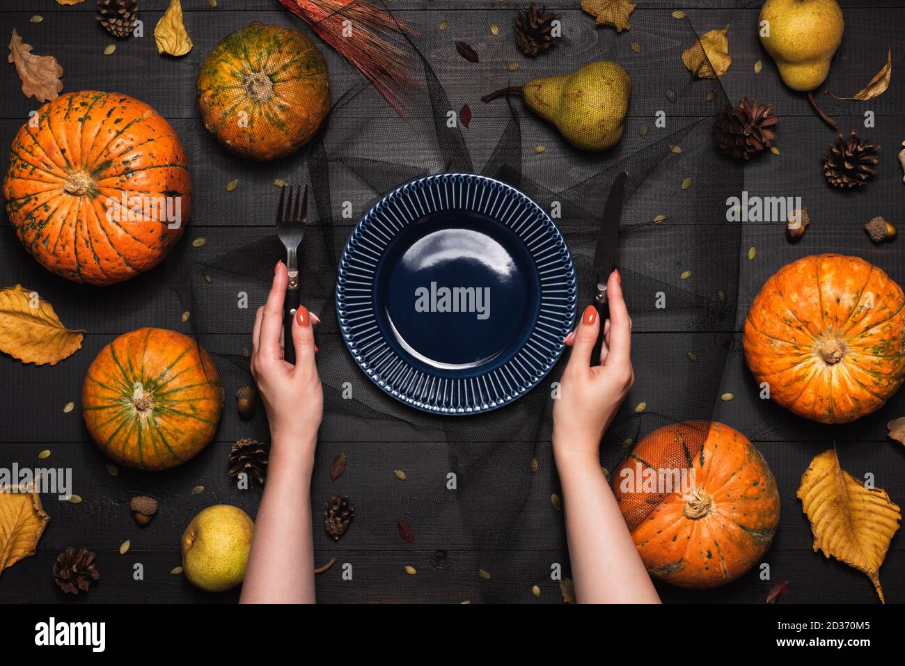 Tavolo autunnale con piatto bianco vuoto e zucche. Foto Stock