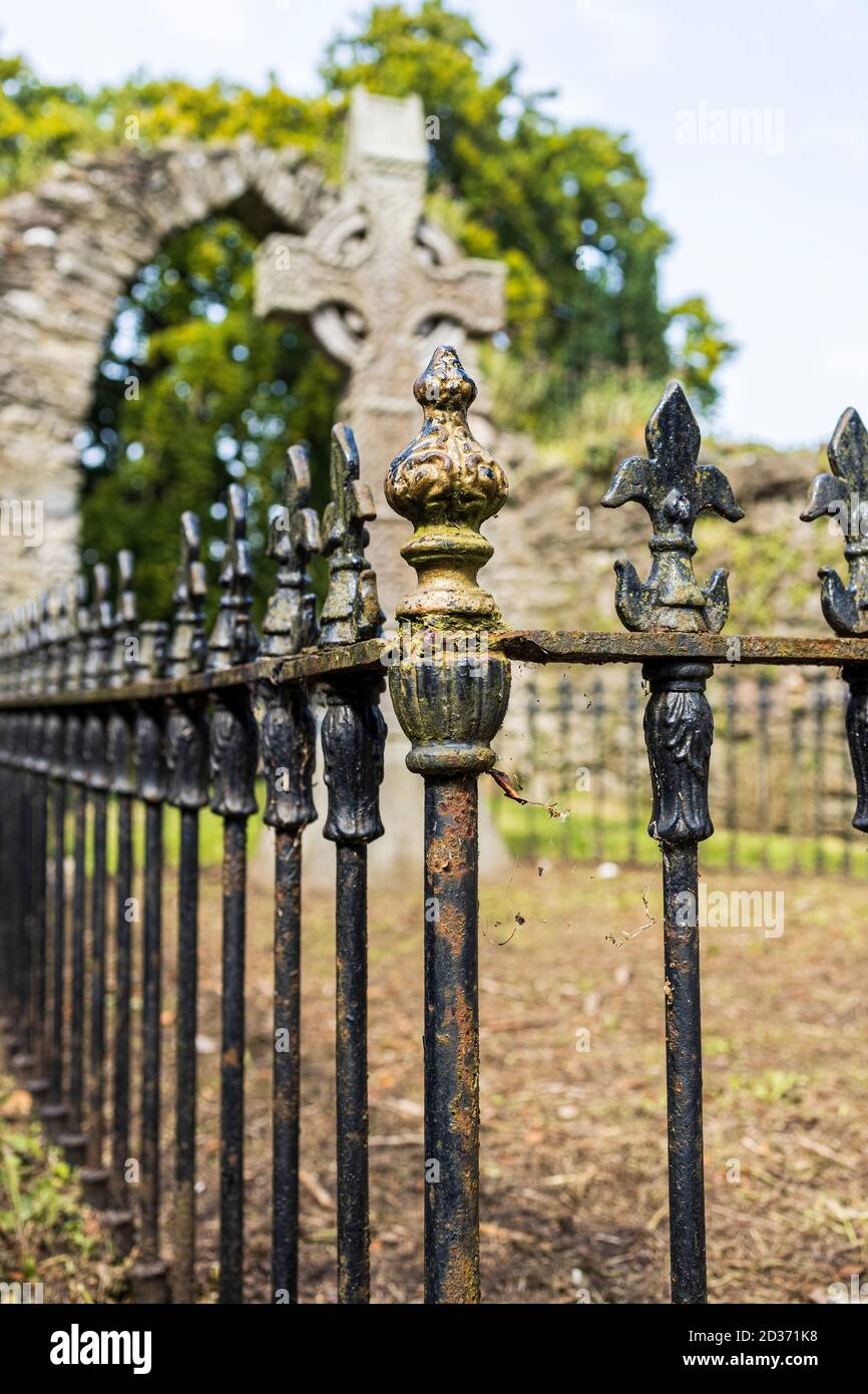 Croce celtica nella chiesa medievale e cimitero stabilito dai Cavalieri Ospitalieri di St John, Johnstown, County Kildare, Irlanda Foto Stock