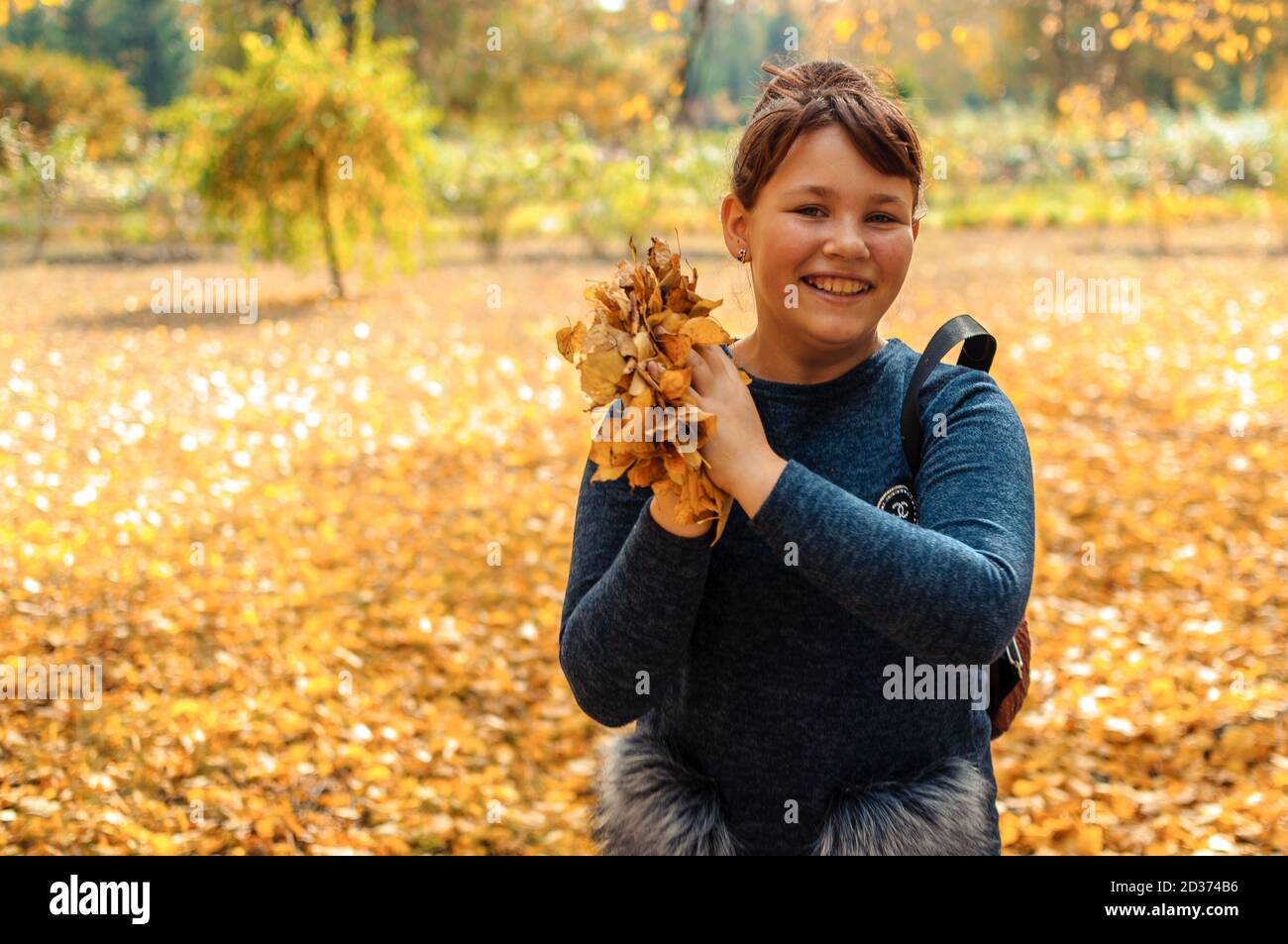 bambino felice che gioca con le foglie in autunno nella foresta. Ragazza che getta foglie asciutte in macchina fotografica. Attività all'aperto stagionali con i bambini. Cattura Foto Stock