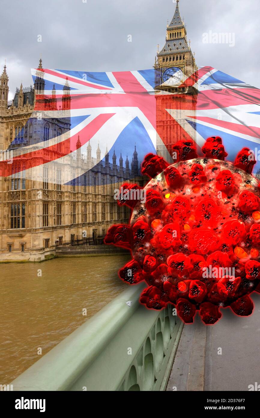 Big ben a Londra, Inghilterra e Bandiera Britannica con coronavirus. Il concetto di pandemia o blocco nel Regno Unito. Foto Stock