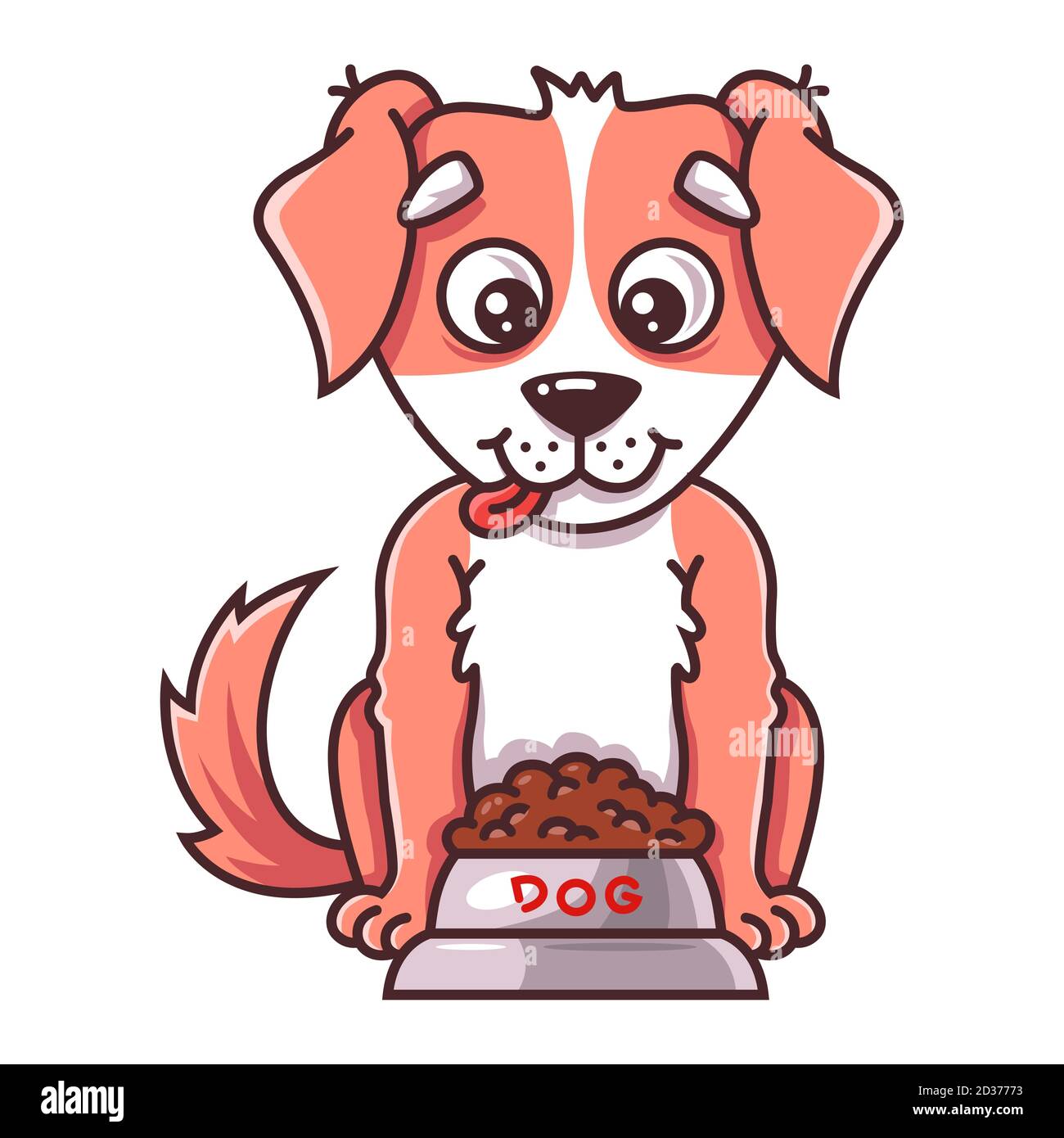 il cane si siede accanto ad una ciotola di food. vettore piatto illustrazione di animale domestico. Illustrazione Vettoriale