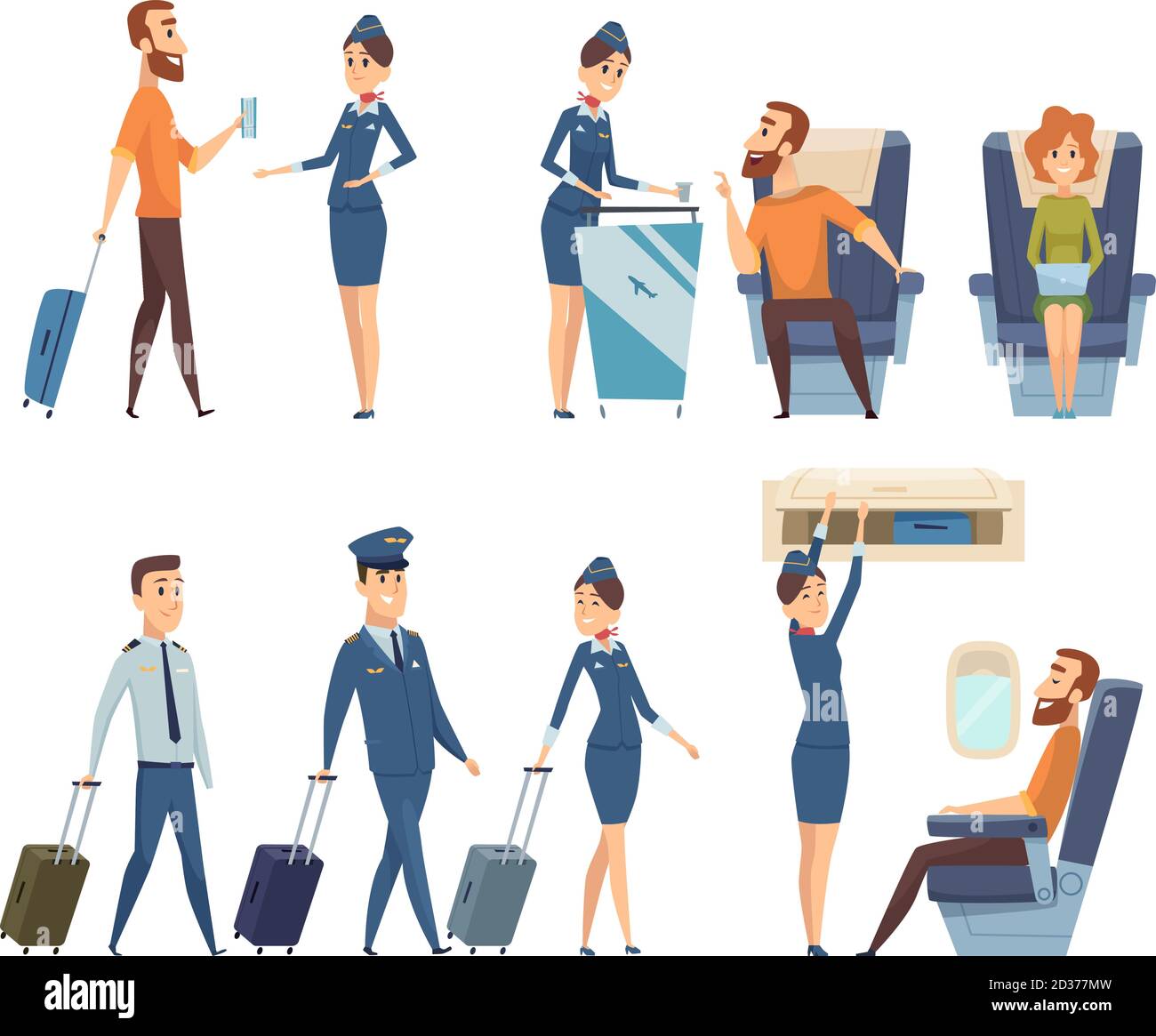 Passeggeri in aereo. Stewardess in bordo uniforme vettori di sicurezza di aerei cartoni animati Illustrazione Vettoriale