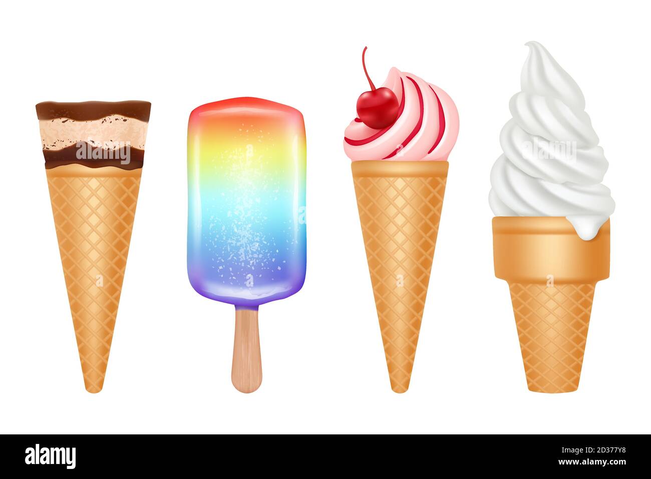 Gelato. Dessert surgelato in caldo estate fragola alla vaniglia e gelato al cioccolato con condimenti vettore collezione realistica Illustrazione Vettoriale