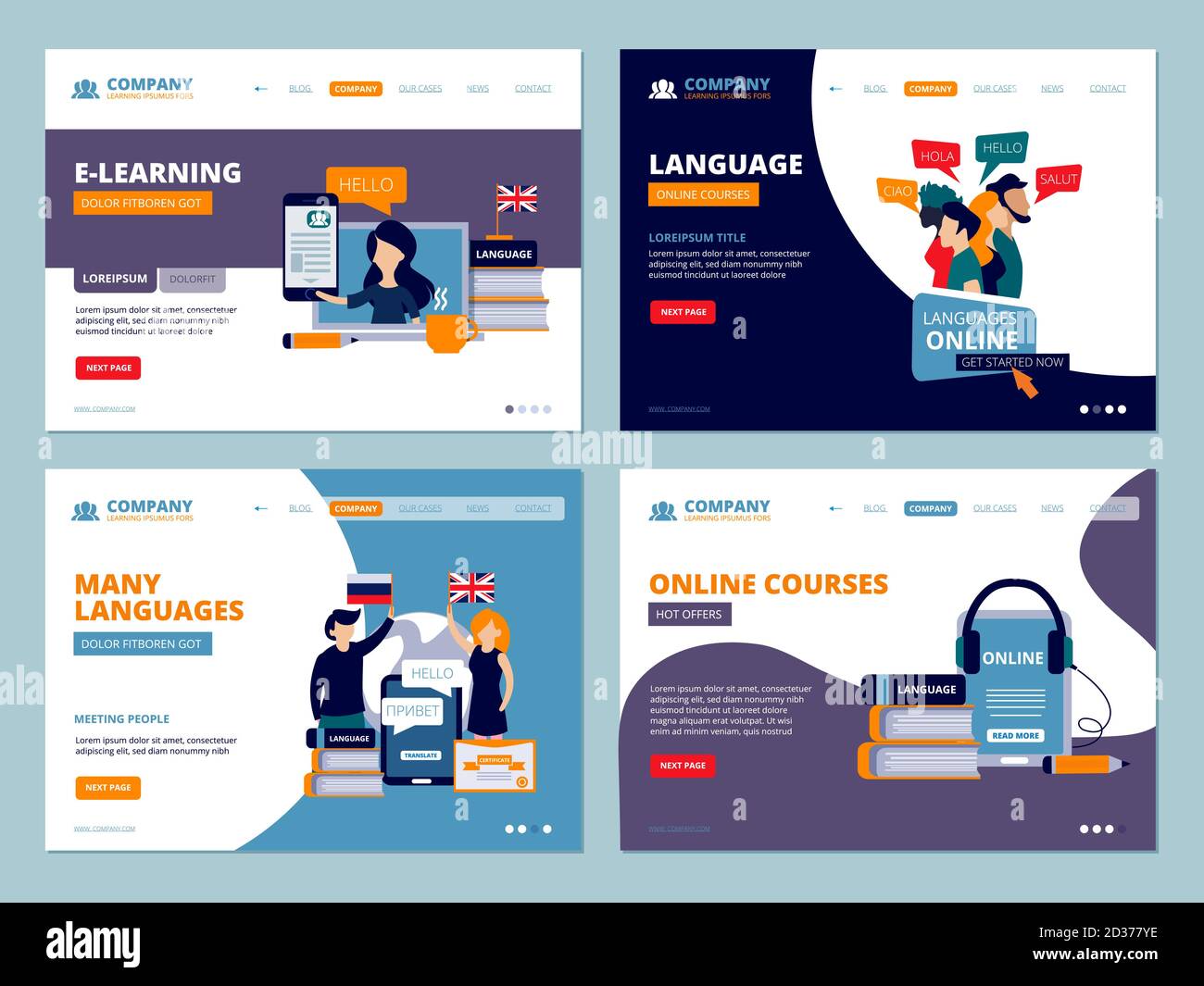 Atterraggio per l'istruzione. Web training Corsi di lingua tutorial wireframe ui template flat characters vettore business landing page Illustrazione Vettoriale