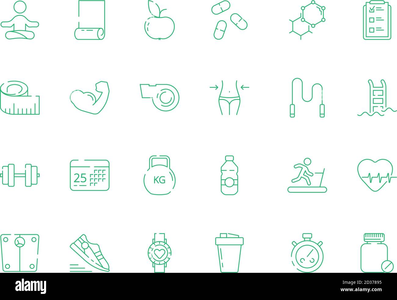 Icone sport. Salute fitness nutrizione ed elementi addestratore misura coaching dieting yoga simboli vettoriali Illustrazione Vettoriale