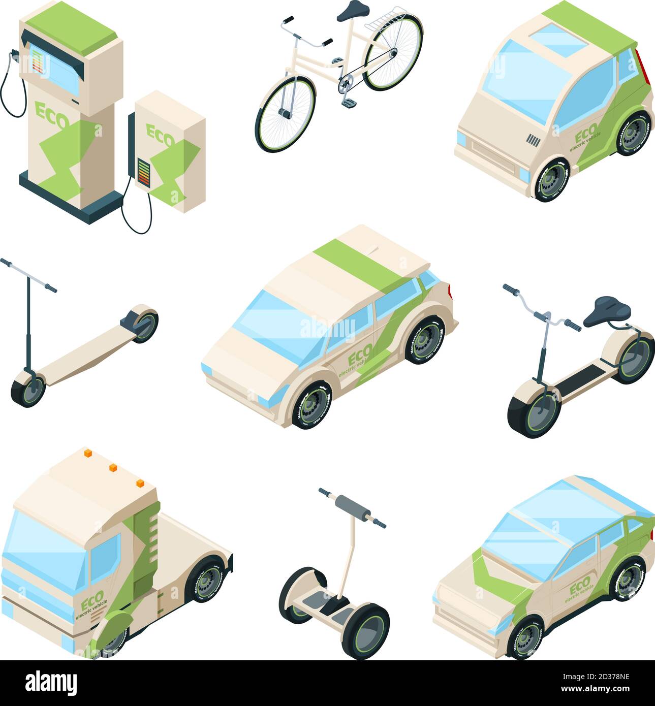 Trasporto ecologico. Auto scooter elettrico skate bikes girocopter bus isometrico ecologia tecnica immagini vettoriali Illustrazione Vettoriale