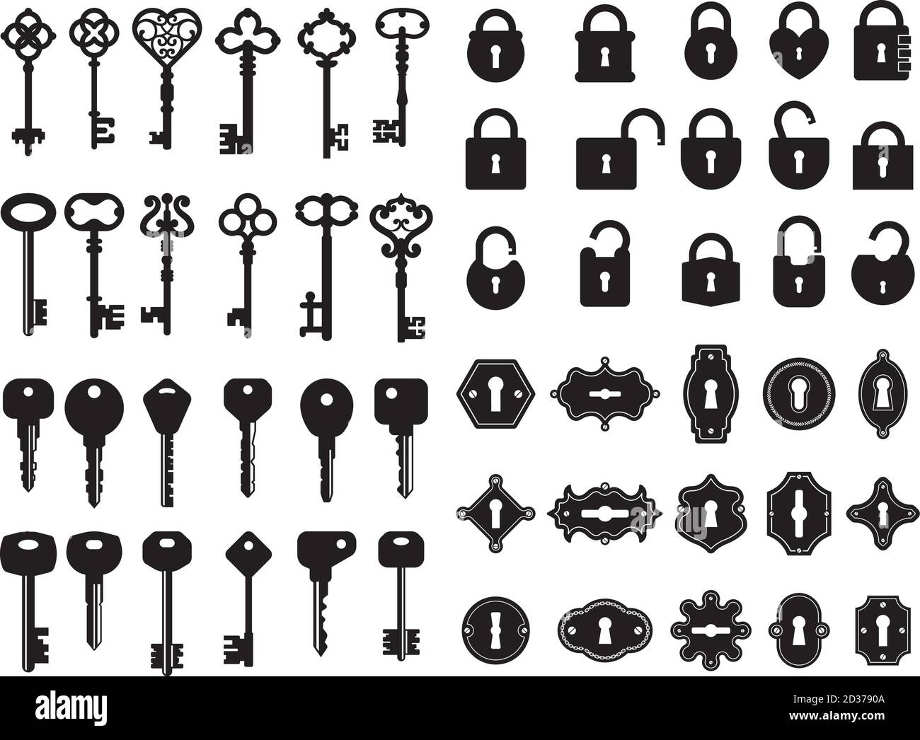 Chiavi e toppa. Logo collezione di chiavi moderne e retrò casa segreto cancello lucchetto vettore badge Illustrazione Vettoriale