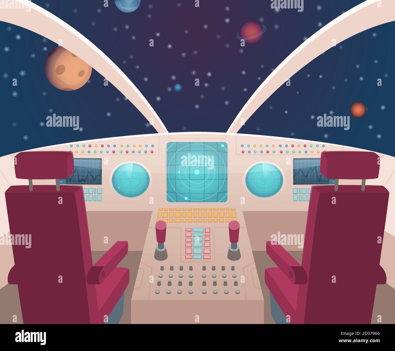Cabina di pilotaggio per astronave. Inversore interno con quadro strumenti vettoriale in stile cartoon Illustrazione Vettoriale