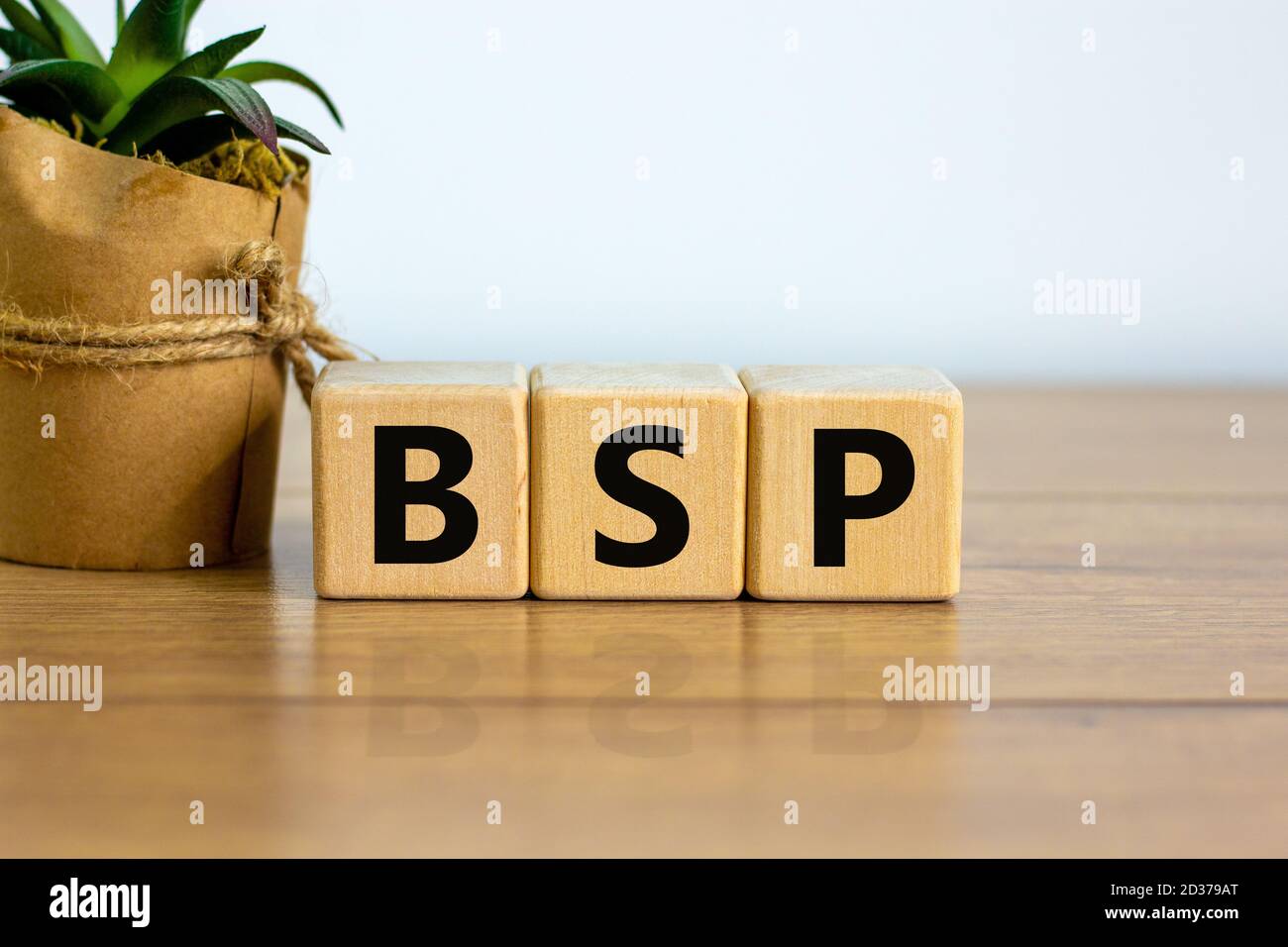 Concetto di 'BSP - pensione di Stato di base' su cubi su un bel tavolo di legno. Sfondo bianco. Concetto aziendale. Spazio di copia. Foto Stock