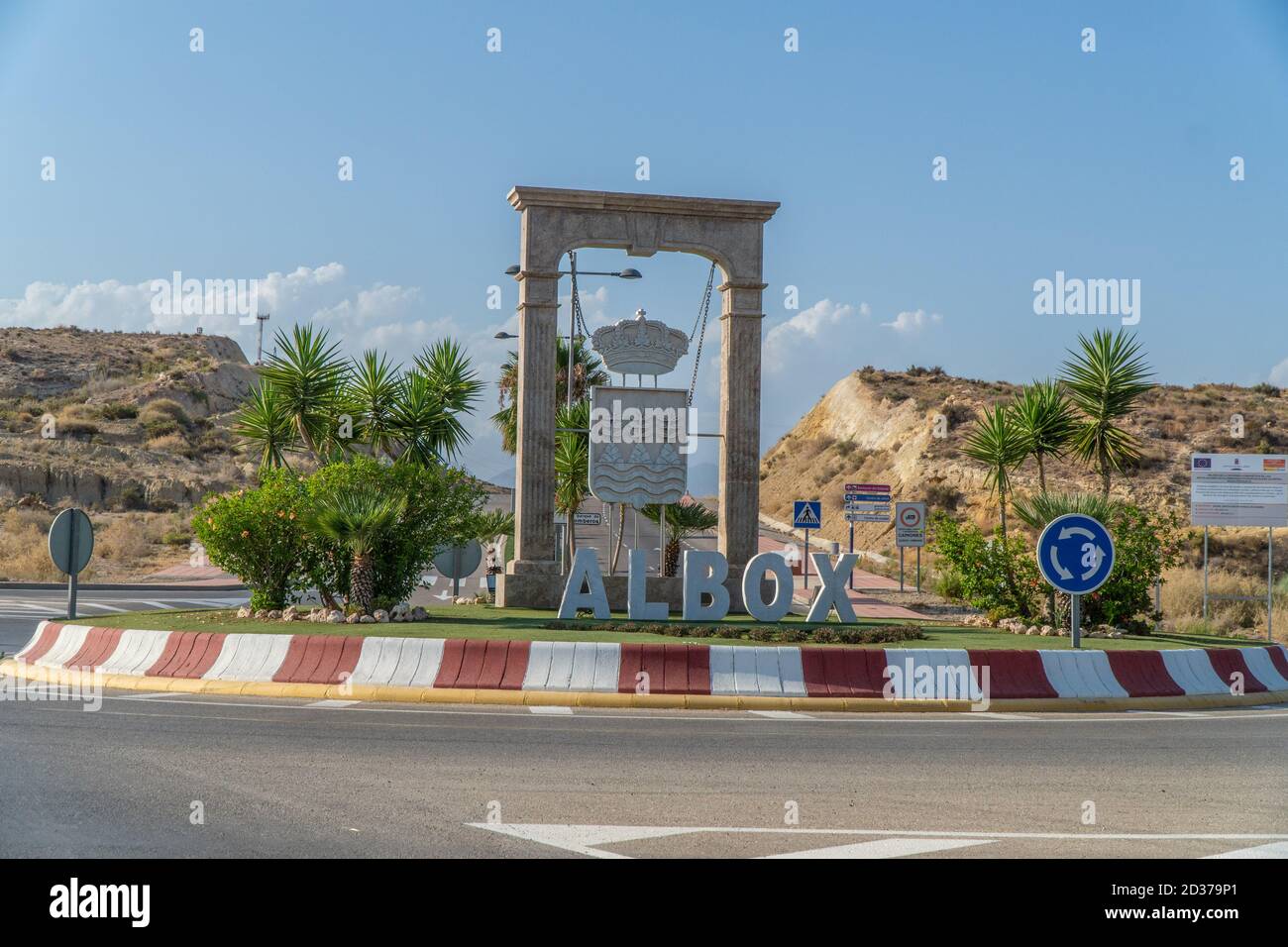 Cartello per l'ingresso della città di Albox, Almeria, Spagna Foto Stock