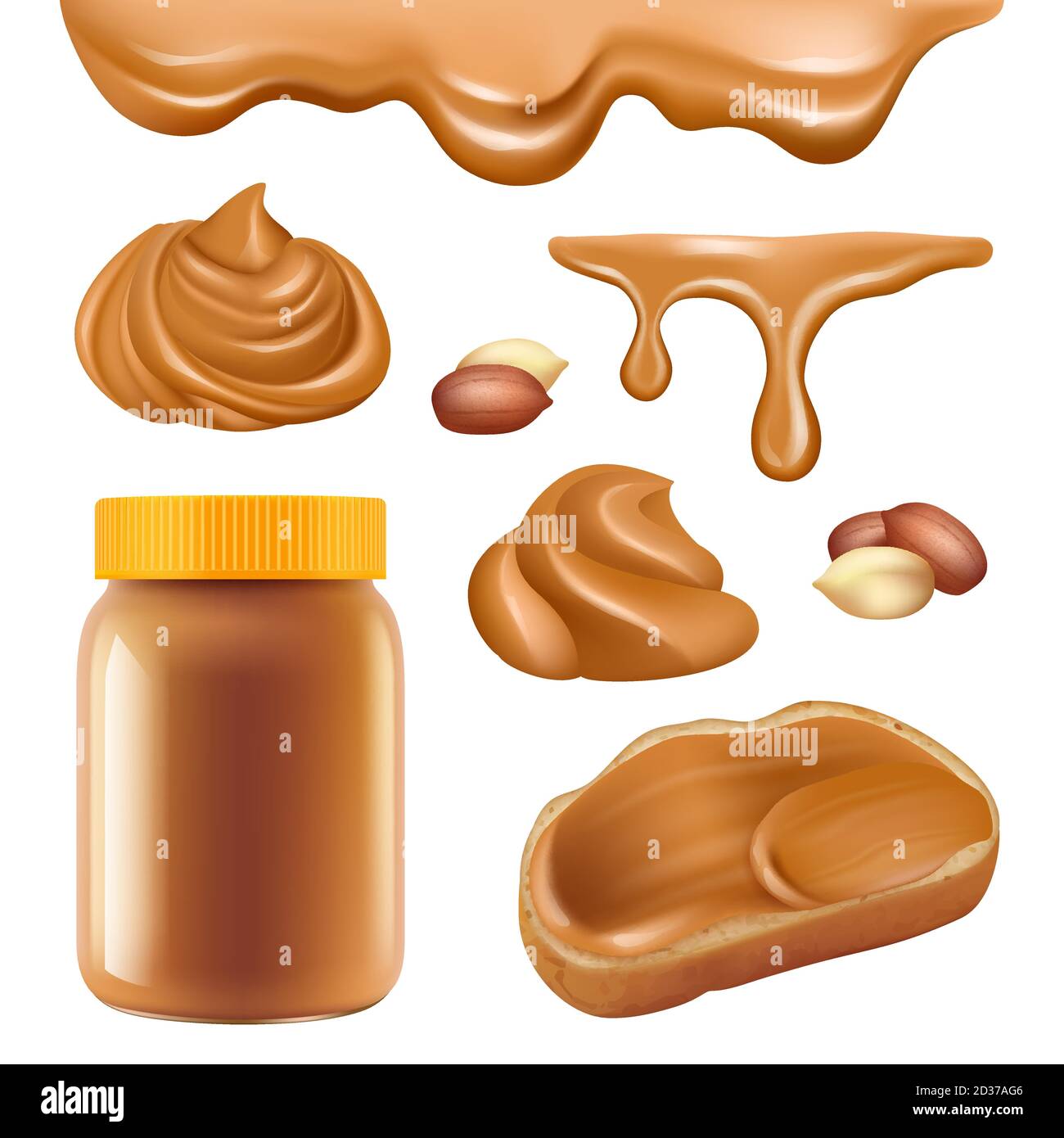 Burro di arachidi. Sano dolce proteine cioccolato crema oleosa per sandwich spalmare caramello vettore alimentare immagini realistiche Illustrazione Vettoriale