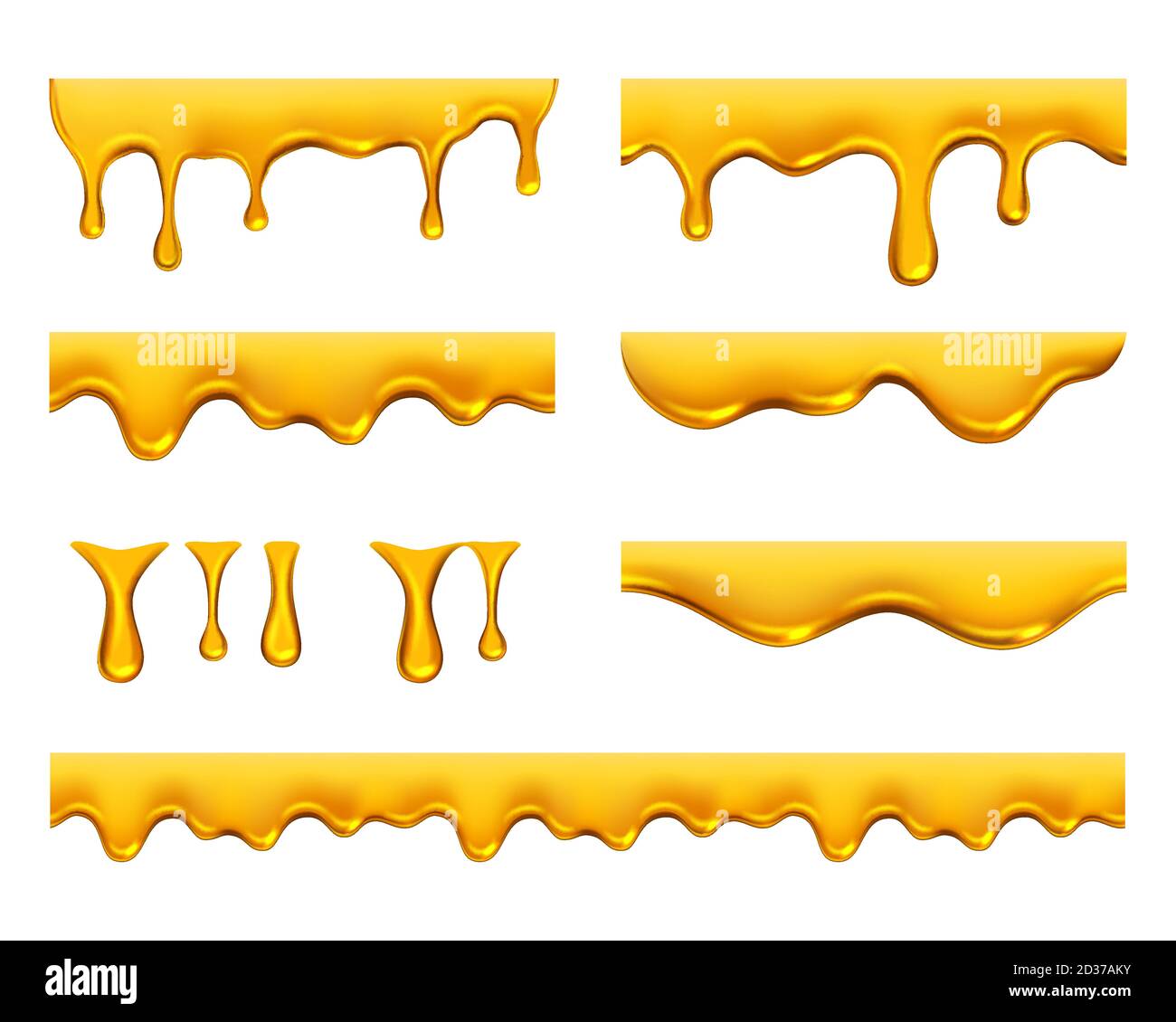 Il gocciolamento del miele. Giallo dorato realistico di sciroppo di succo o gocciolamento di olio liquido schizzi template vettoriale Illustrazione Vettoriale