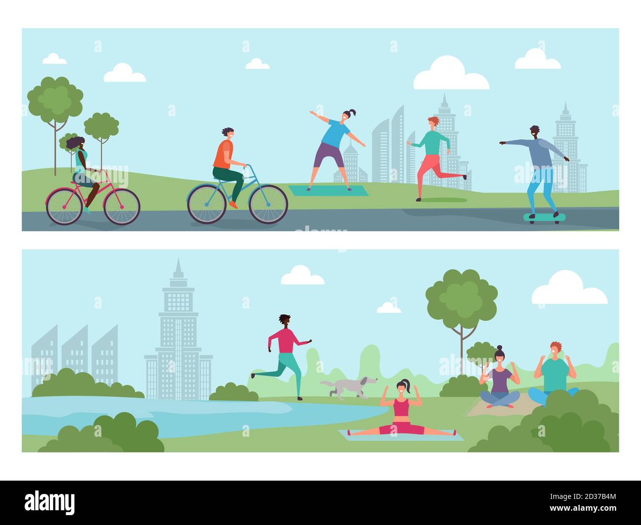 Sportivi nel parco cittadino. Attività all'aperto, persone internazionali in bicicletta, corsa, fare yoga illustrazione vettoriale Illustrazione Vettoriale