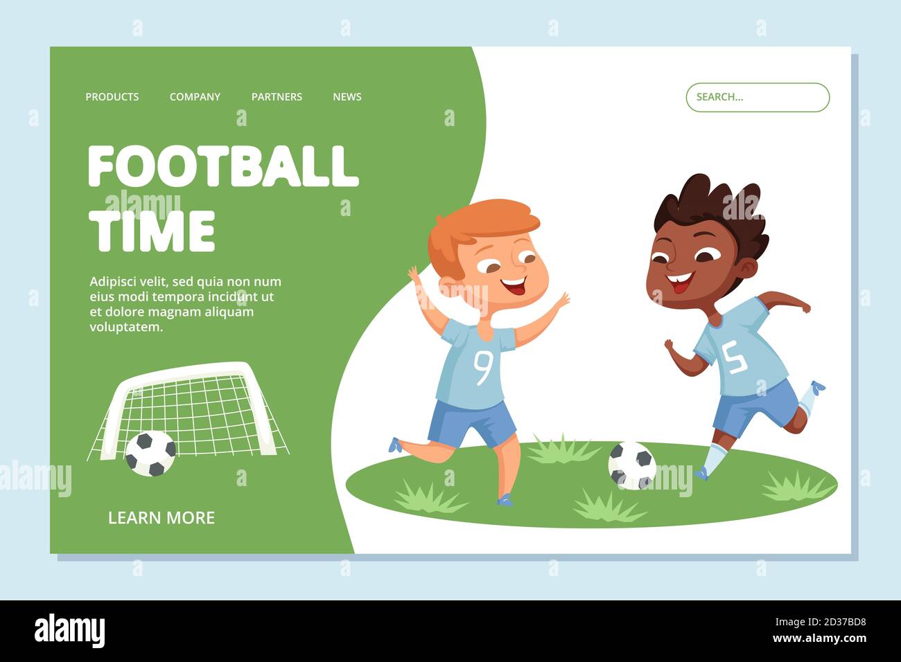 Modello della pagina di destinazione del calcio. Personaggio vettoriale della squadra sportiva per bambini Illustrazione Vettoriale