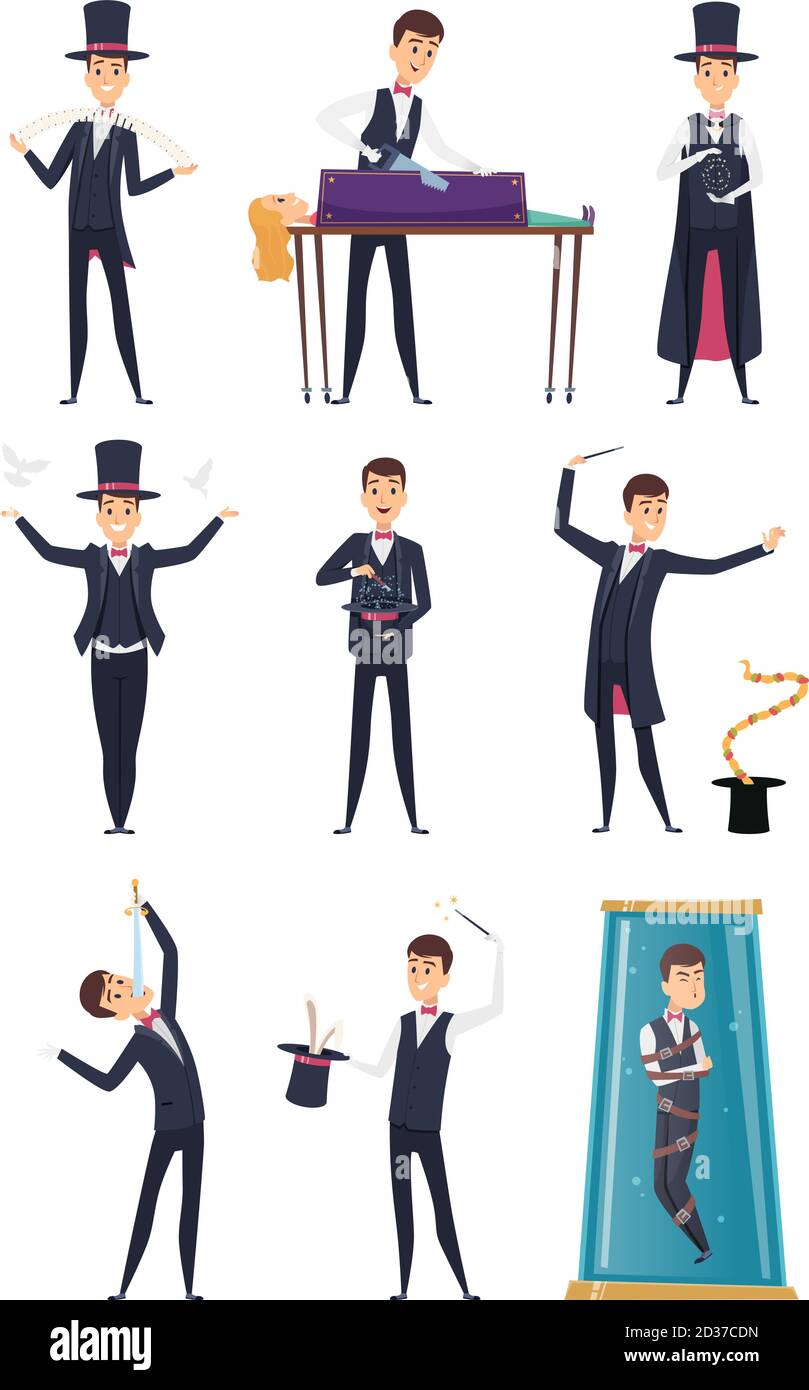 Mago. Showmen performer maschile in costume nero e guanti bianchi trucchi magici vettori personaggi cartoni animati Illustrazione Vettoriale