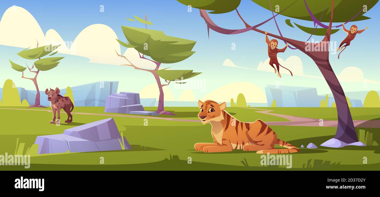 Savannah paesaggio con tigre, scimmie e jackal. Paesaggio vettoriale cartoon di savana africana, parco naturale estivo o safari tropicale con animali selvatici, alberi verdi e pietre Illustrazione Vettoriale