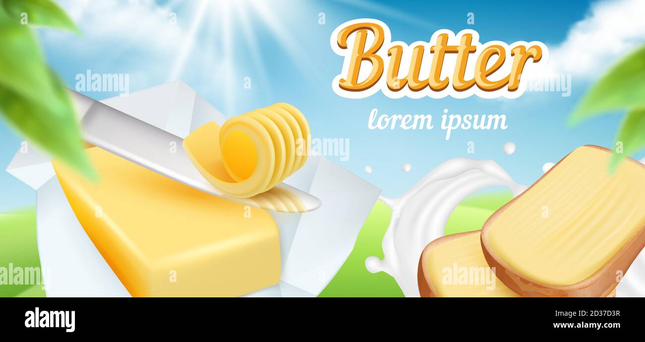 Burro. Pacchetto pubblicitario della colazione giornaliera cibo latte cremoso burro margarina ricci delizioso prodotto vettore modello placard Illustrazione Vettoriale