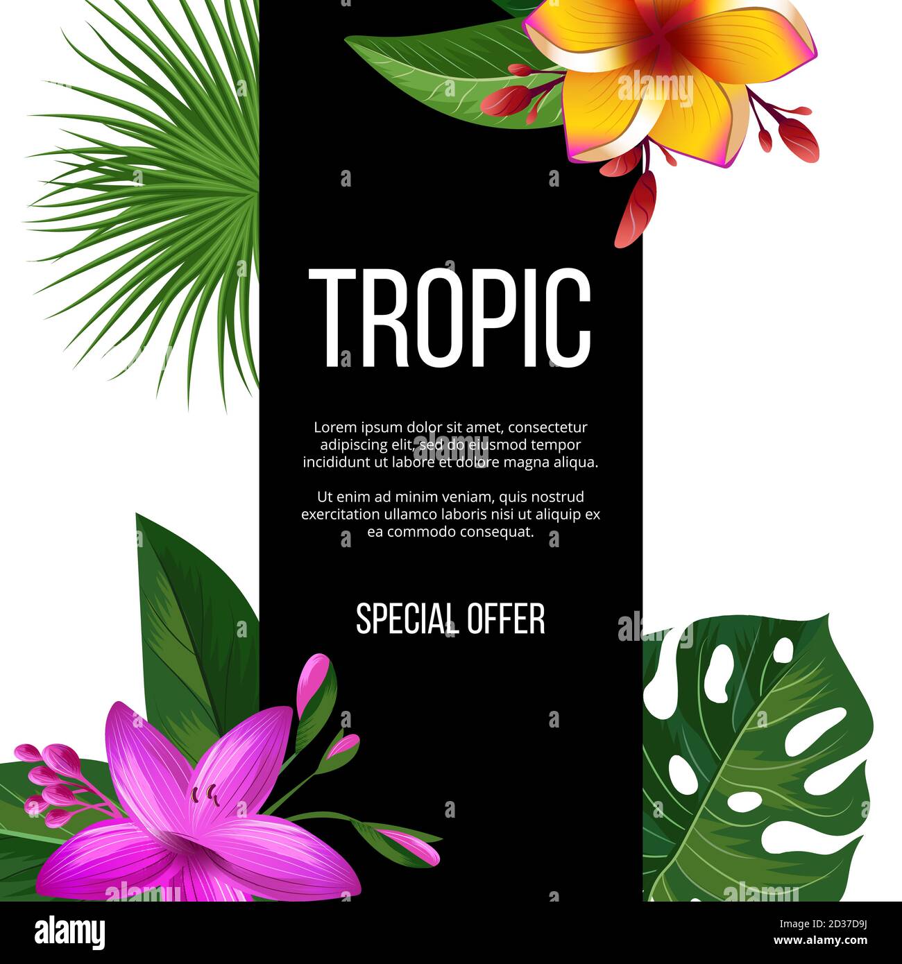 Banner di vendita vettore fiori esotici. Piante tropicali sfondo Illustrazione Vettoriale