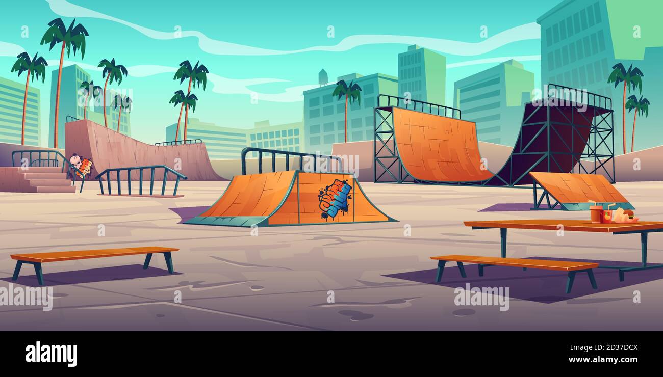 Skate Park con rampe nella città tropicale. Paesaggio urbano vettoriale  cartoon con pista per skateboard, tavolo da picnic, panca in legno e palme.  Parco giochi per attività sportive estreme Immagine e Vettoriale -