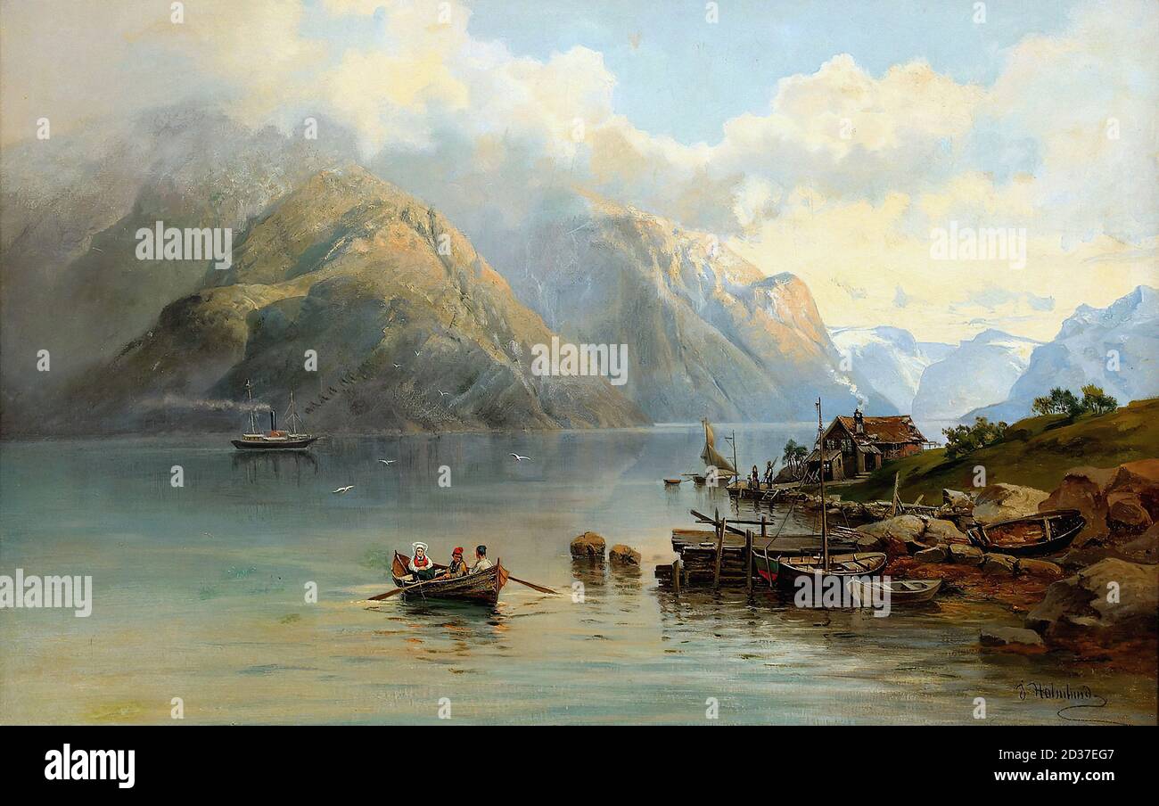Holmlund Josefina - Fjordlandskap Med Båtar och Människor - Svedese Scuola - 19 ° secolo Foto Stock