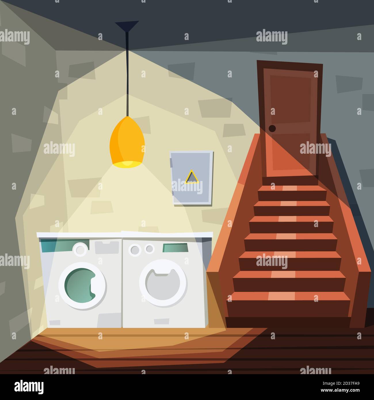 Seminterrato. Sala casa Cartoon con seminterrato con lavatrice lavatrice scalinata magazzino interno illustrazioni vettoriali Illustrazione Vettoriale