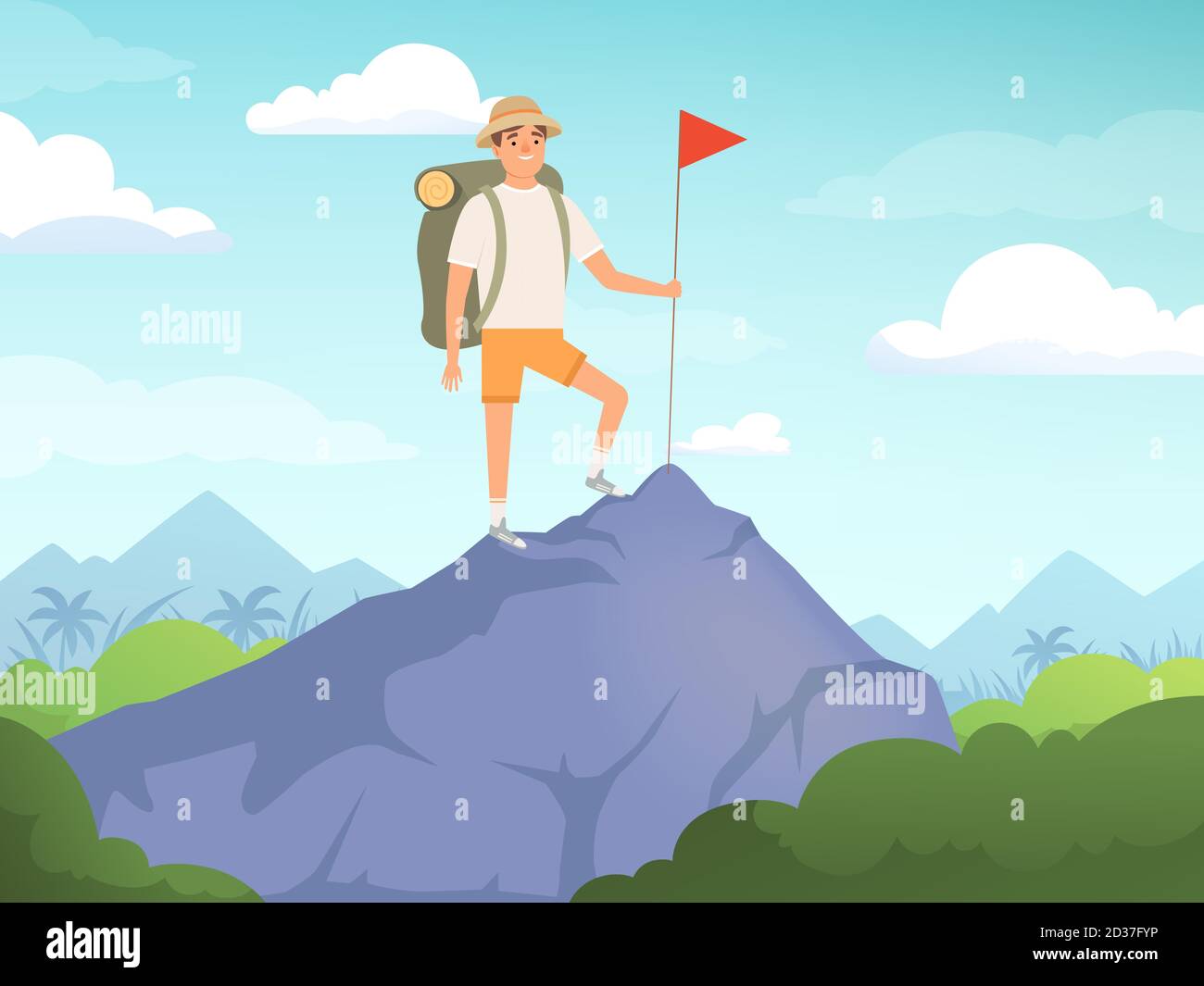 Caratteri del campeggio. Escursionismo sfondo persone che viaggiano natura concetto vettore Illustrazione Vettoriale