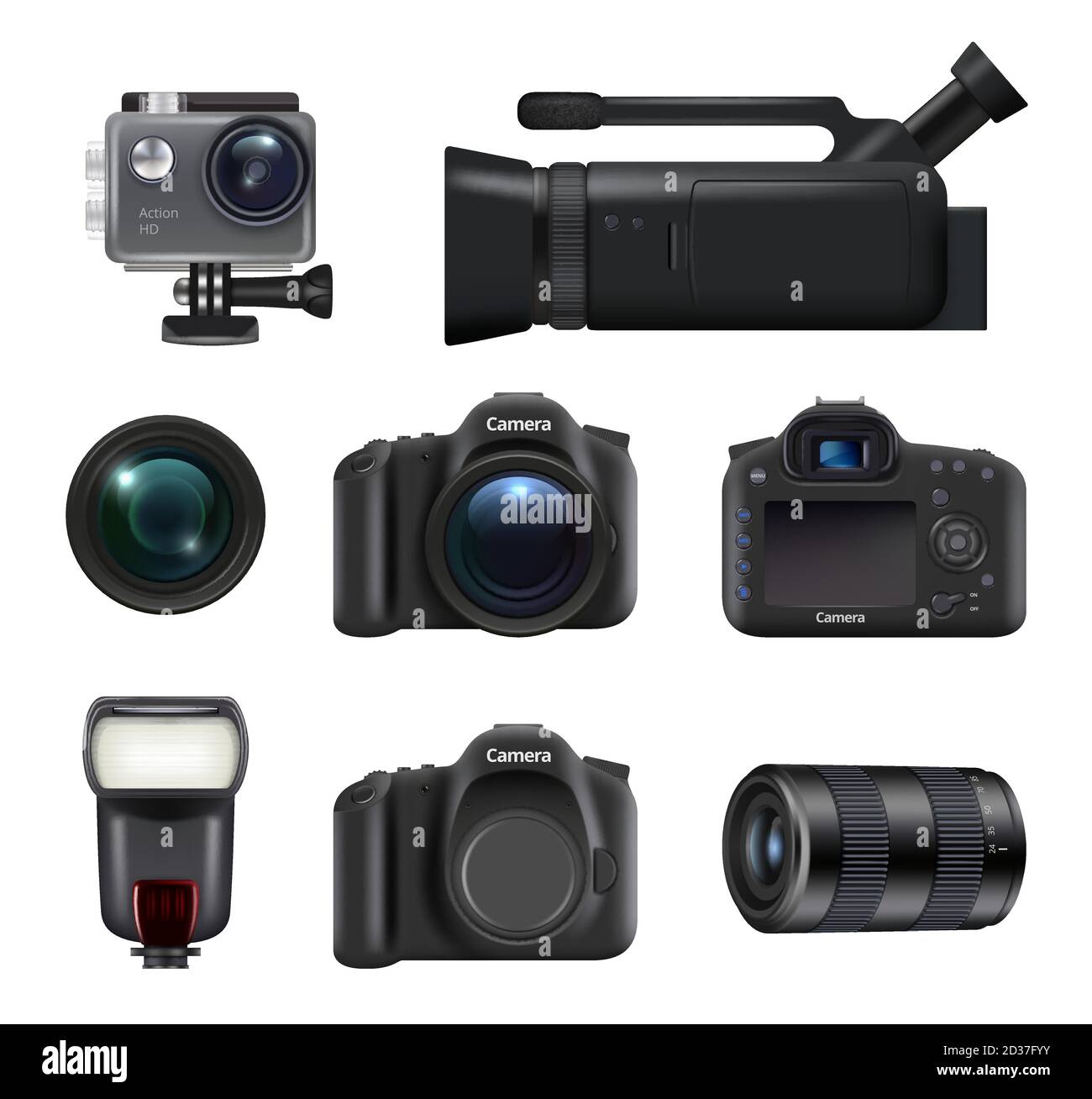 Videocamere e fotocamere. dslr technic professionale per la produzione di film e foto obiettivo flash vettore immagini realistiche Illustrazione Vettoriale